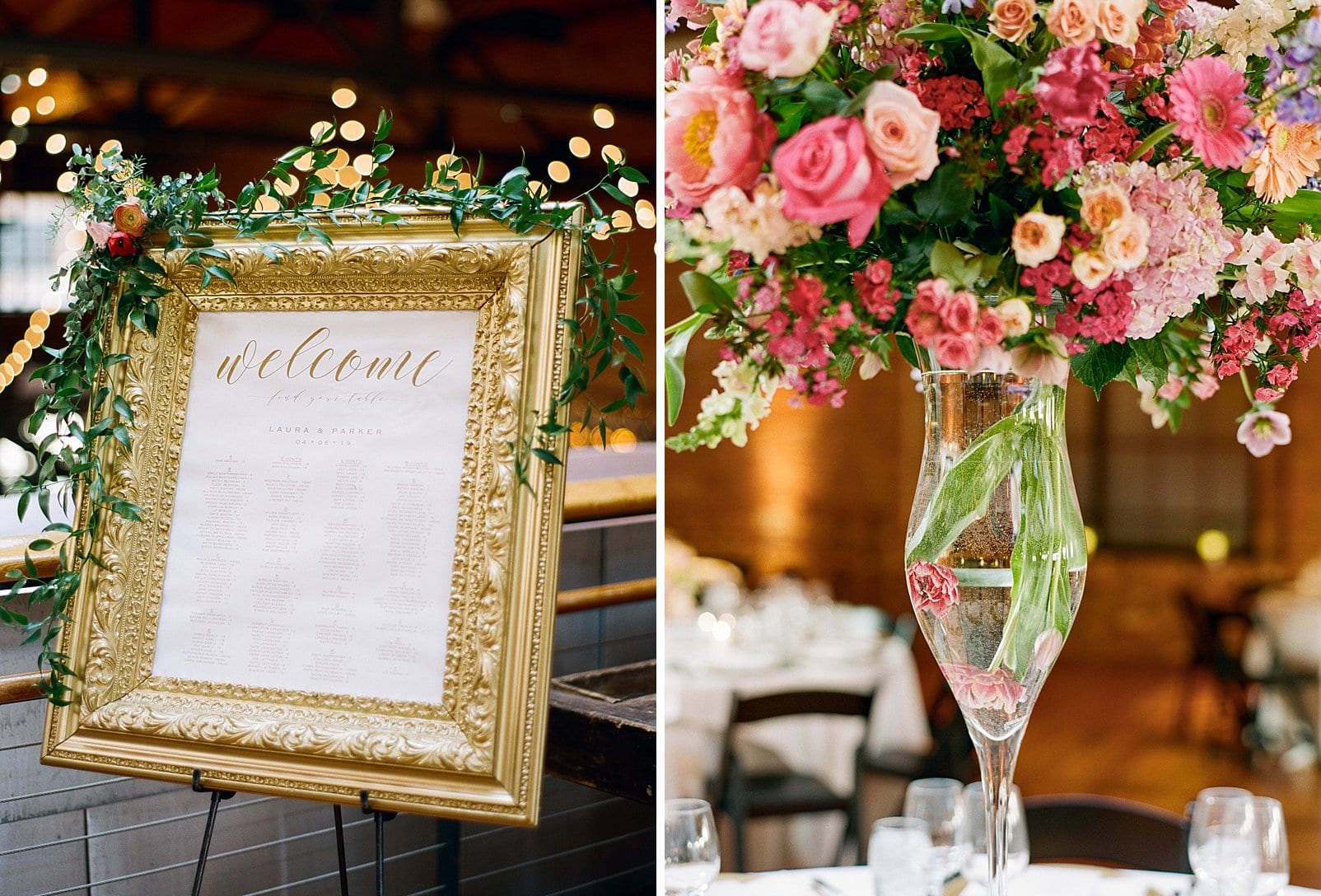 Artfully Arranged a round floral centerpiece. Welcome sign with escort list in a large gold frame photo