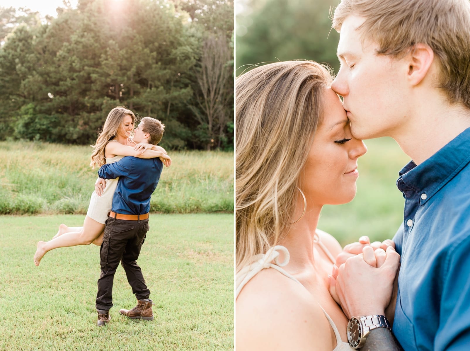 Raleigh couple groom kissing his bride on the forehead during engagement session photo