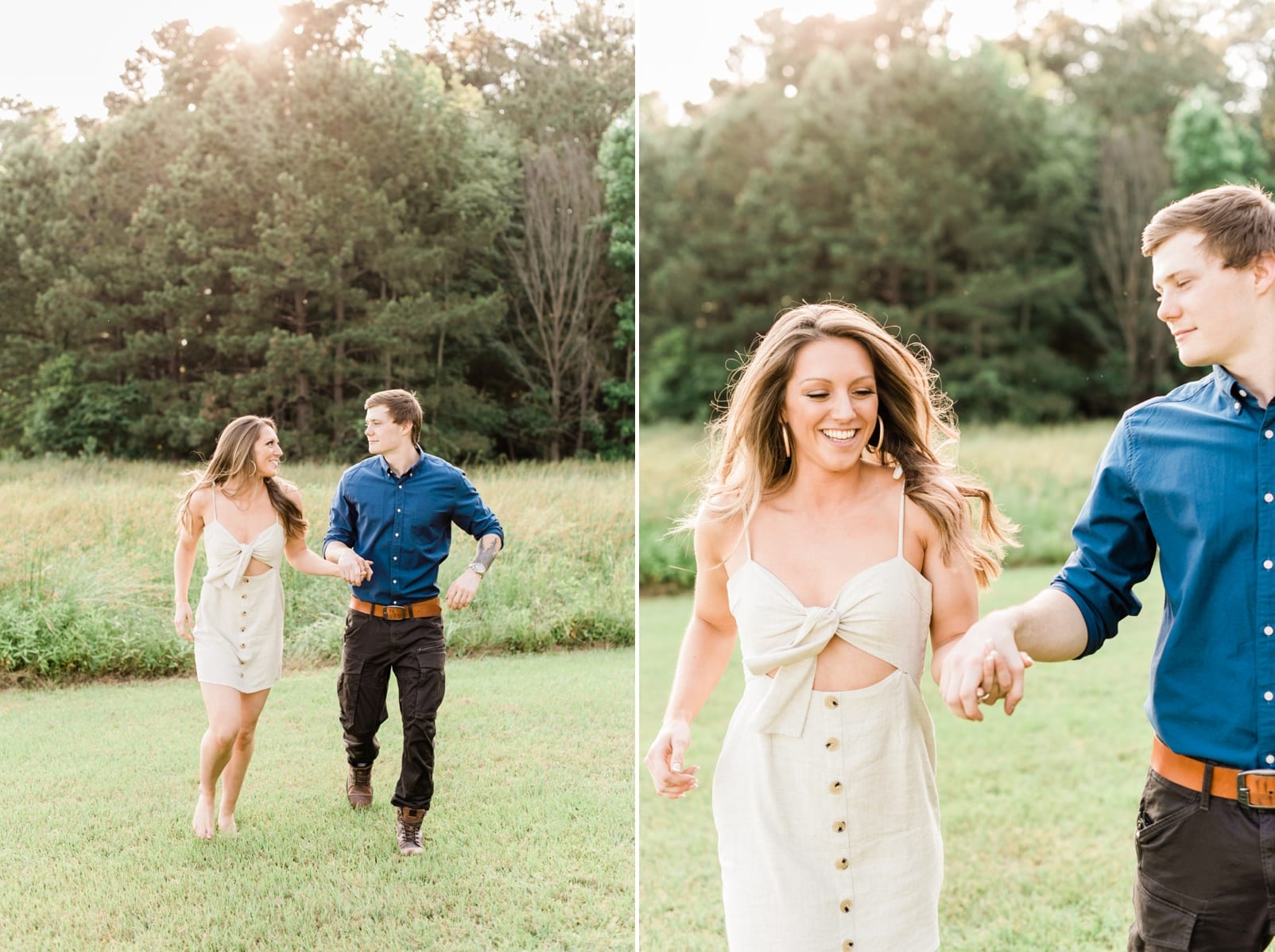 Raleigh engagement photos with bride in a tan linen dress with a tie top and buttons down the skirt photo