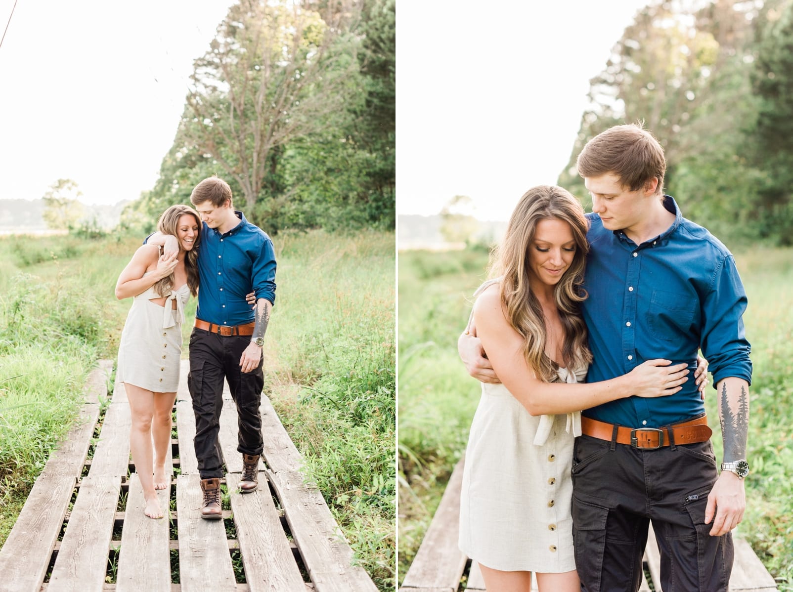 Raleigh sunset engagement session with couple walking on along a boardwalk in bare feet photo