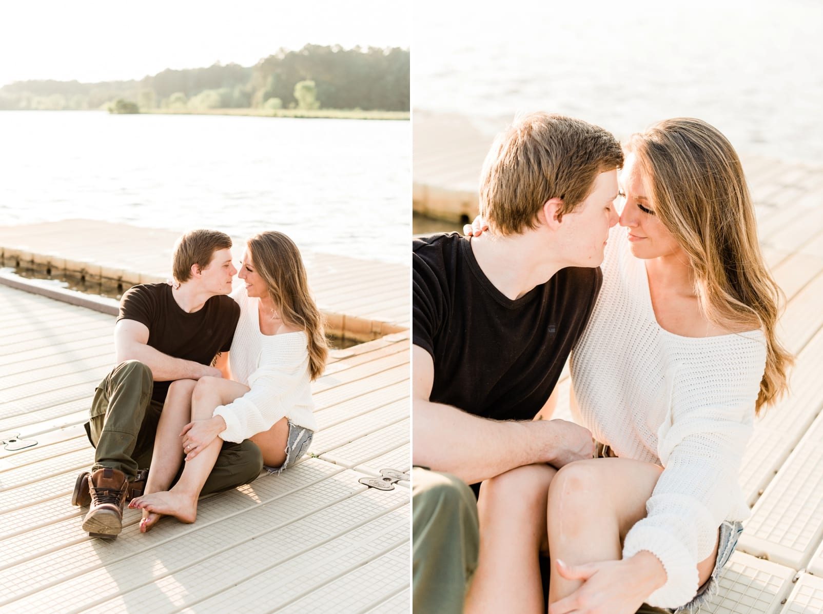 Lake Crabtree sunset pictures with engaged couple sitting on the dock by the lake photo