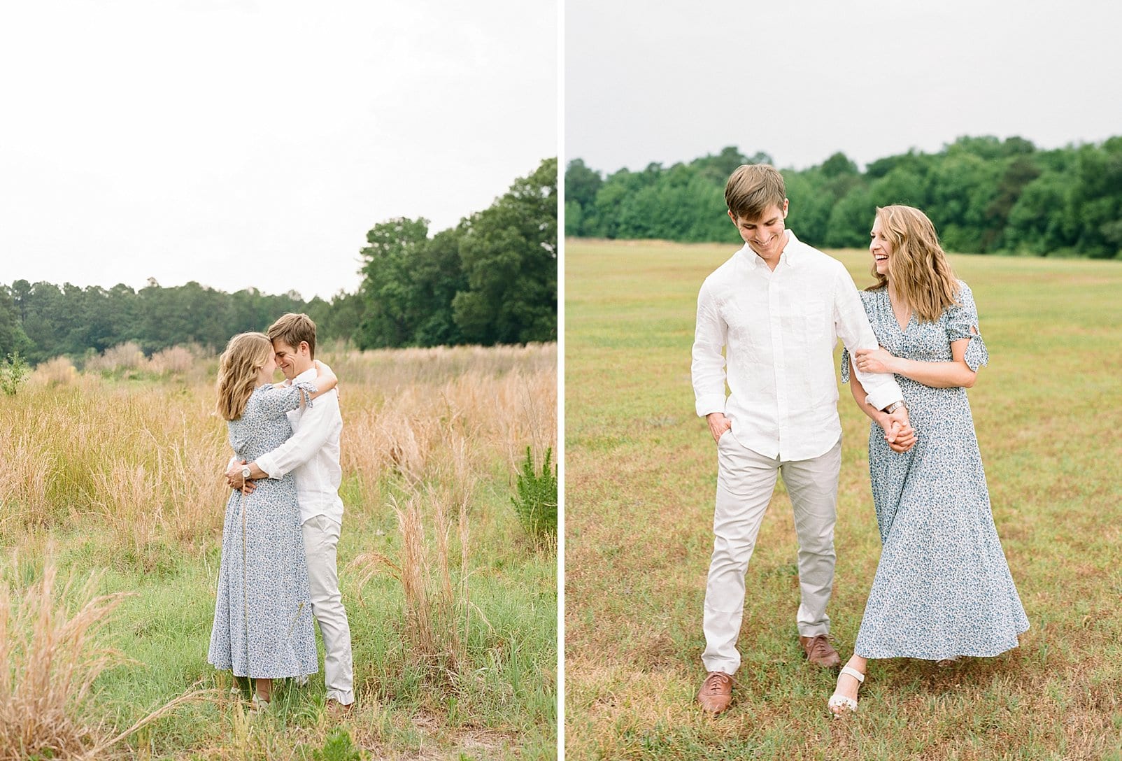 Raleigh film photography couple with woman in a long floral dress and man in white long sleeved button down and khakis photo