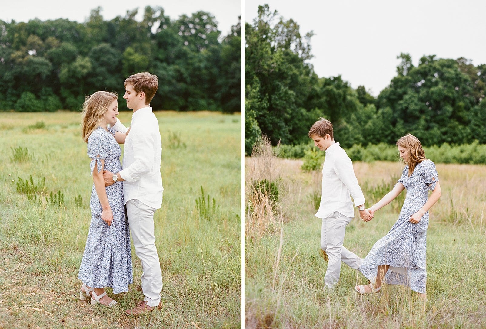 Raleigh engagement session groom leading his bride through a grass field photo