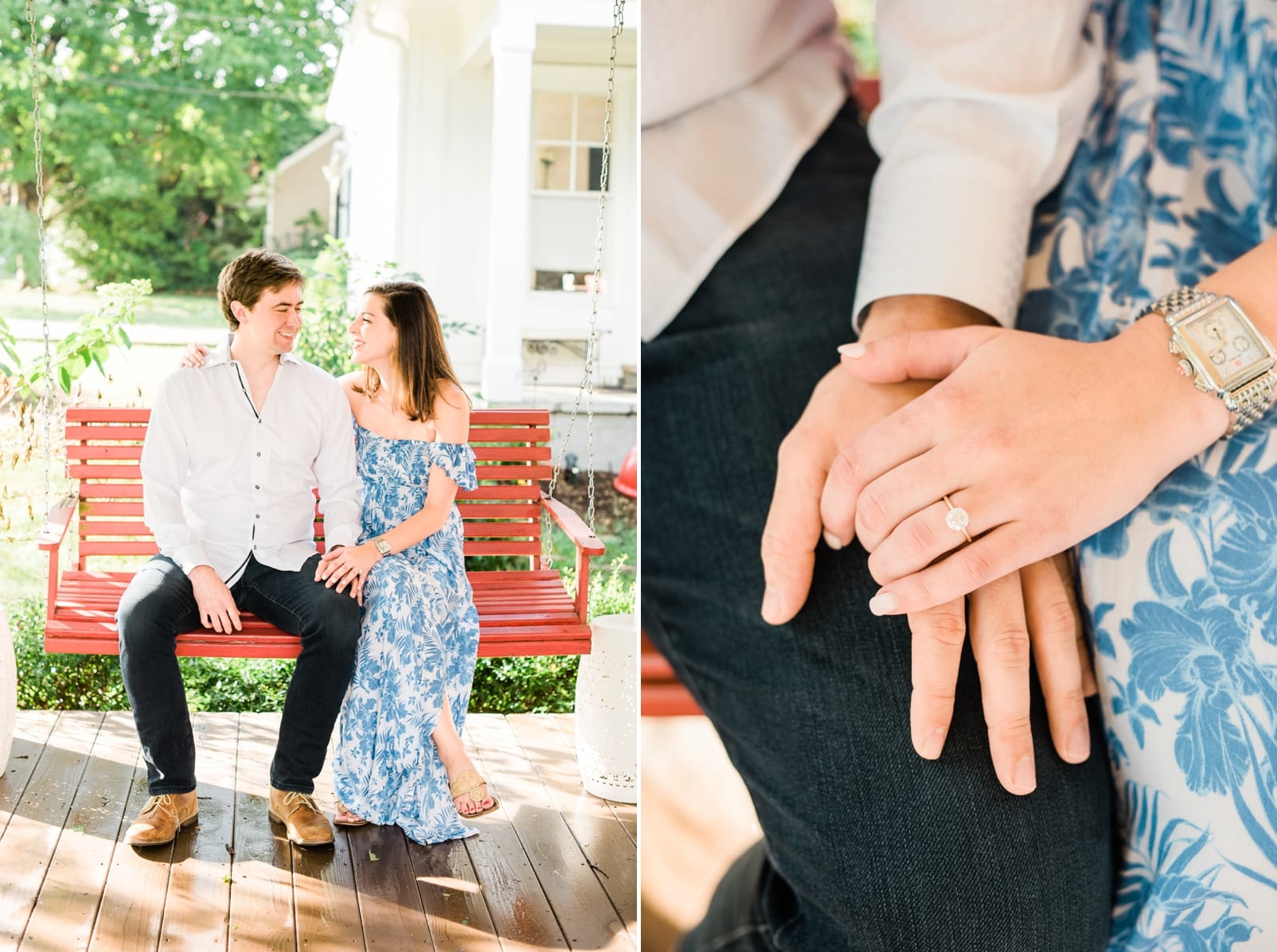 Raleigh engaged couple sitting together on their front porch swing photo
