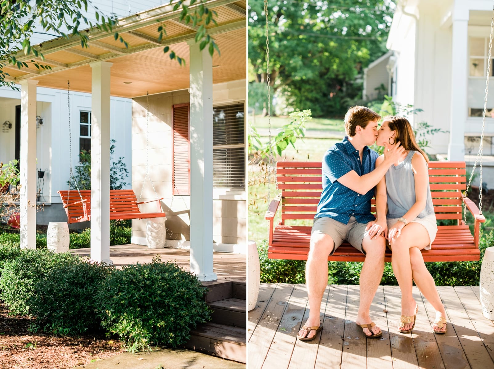 Raleigh engagement couple kissing on their front porch swing photo
