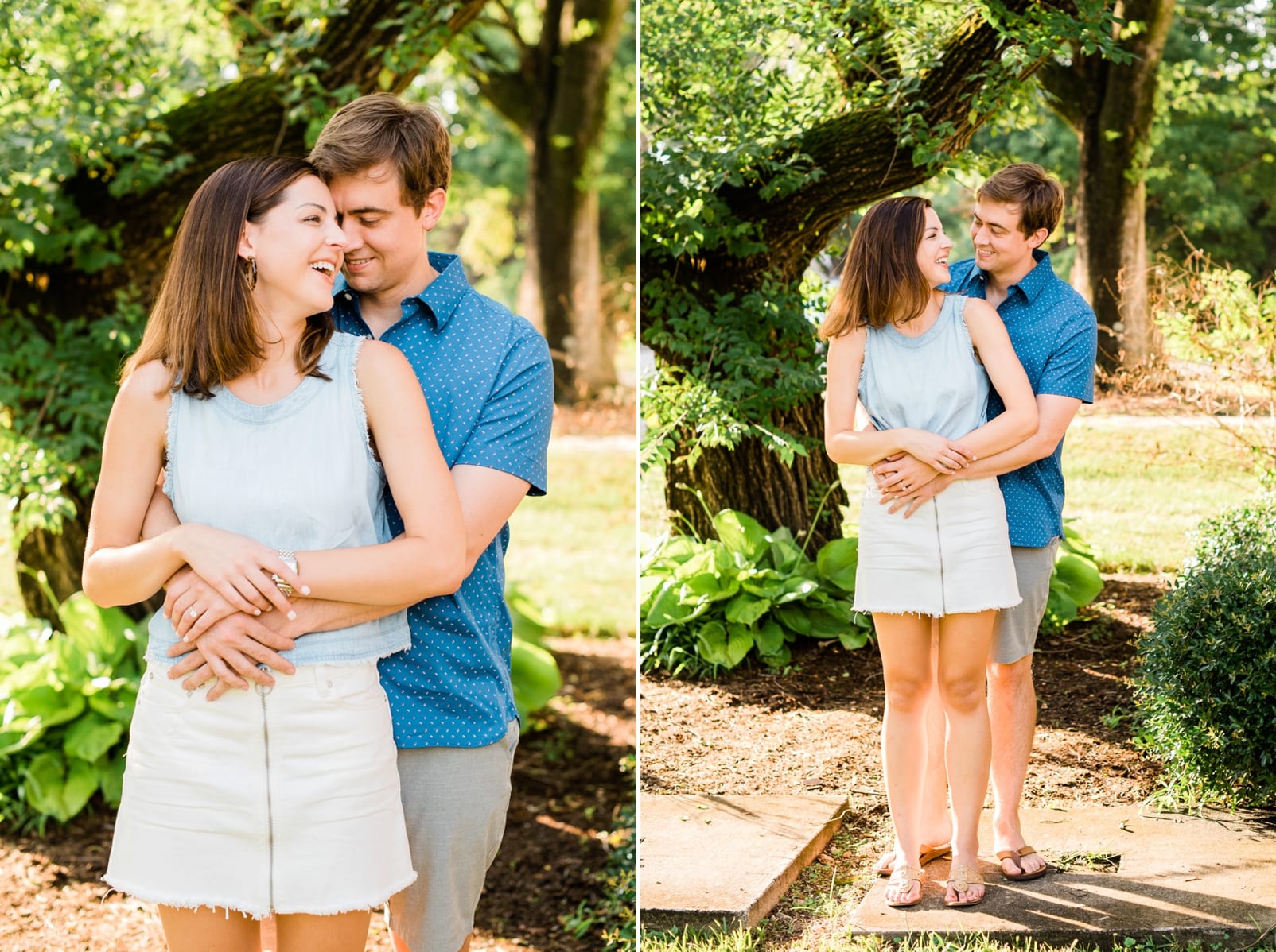 5 points at home engagement session with couple laughing while standing snuggled together photo