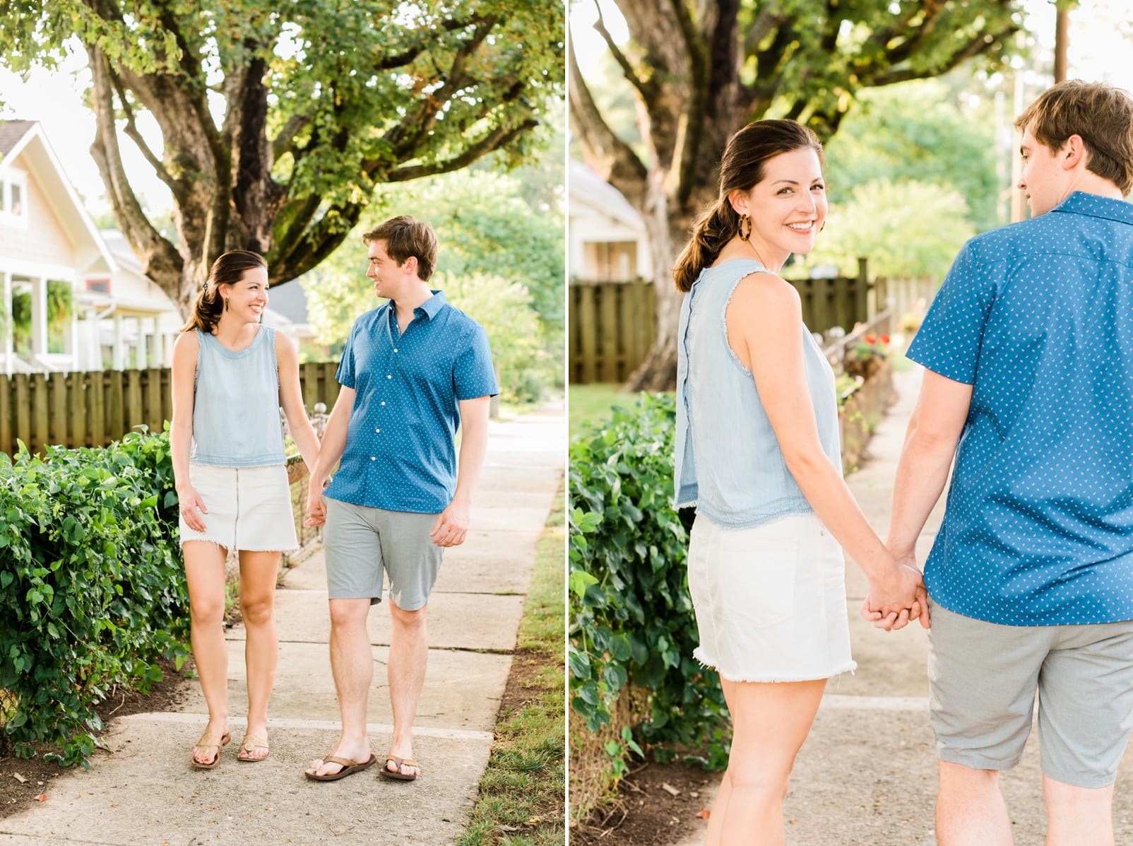Raleigh couple holding hands and walking on the sidewalk in front of their house photo