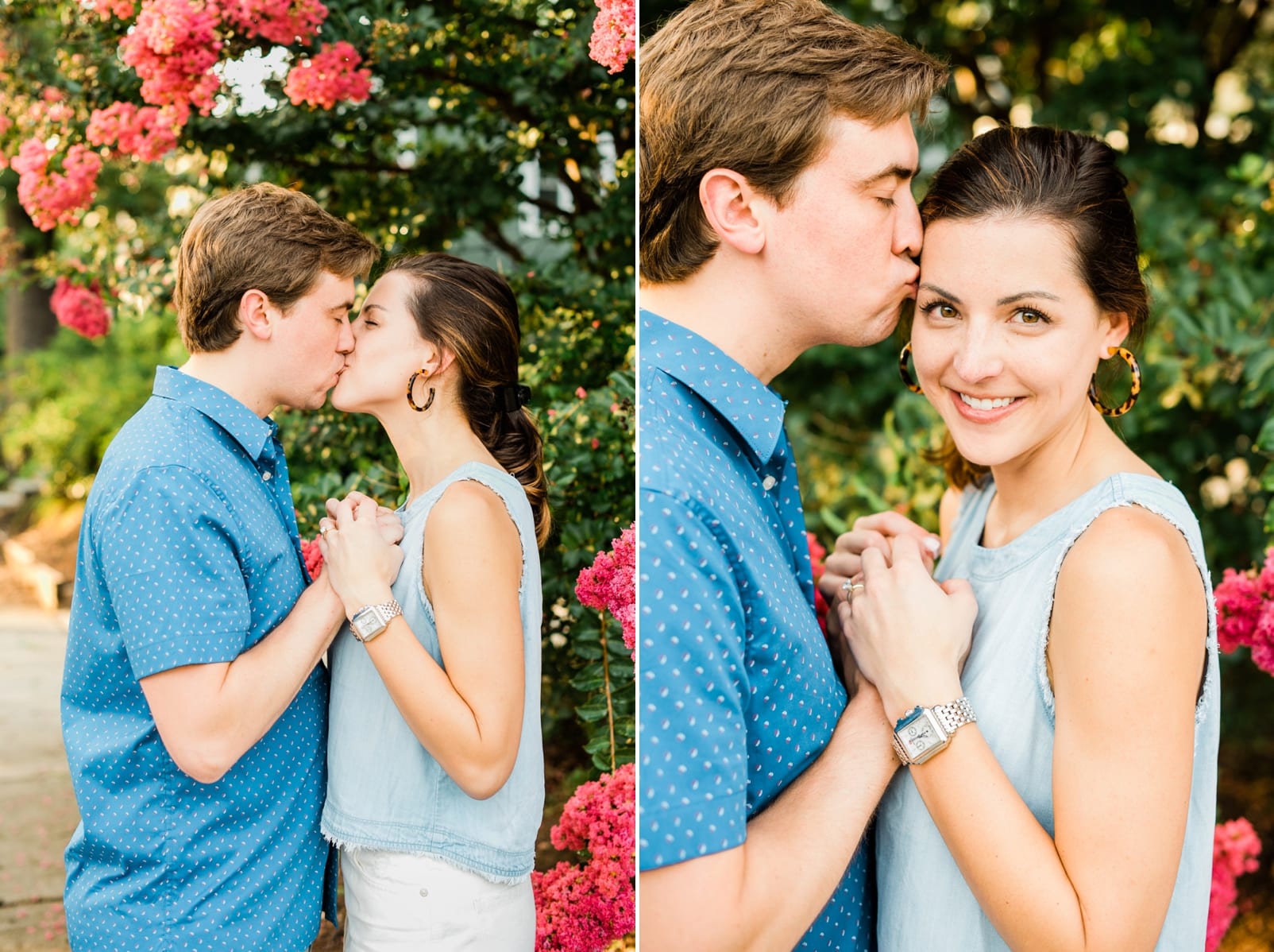 5 points engagement session couple holding hands up by their chest and kissing photo