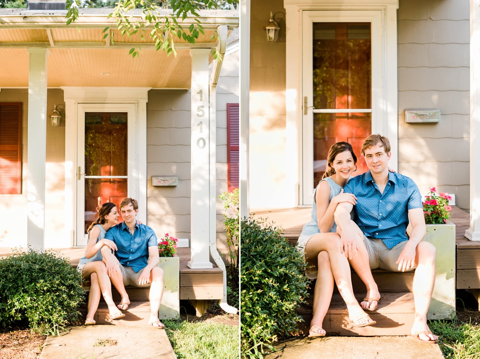 At home engagement session couple sitting together on their front porch photo