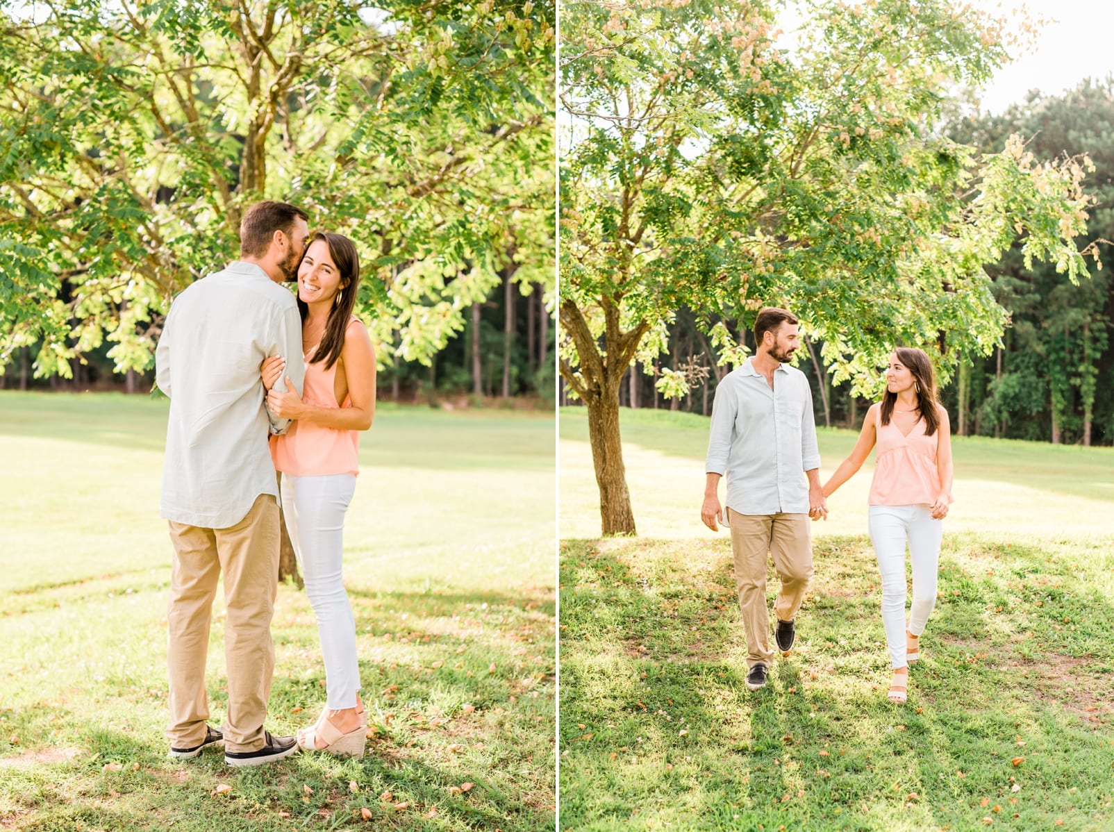 Raleigh couple walking through the trees holding hands during engagement session photo