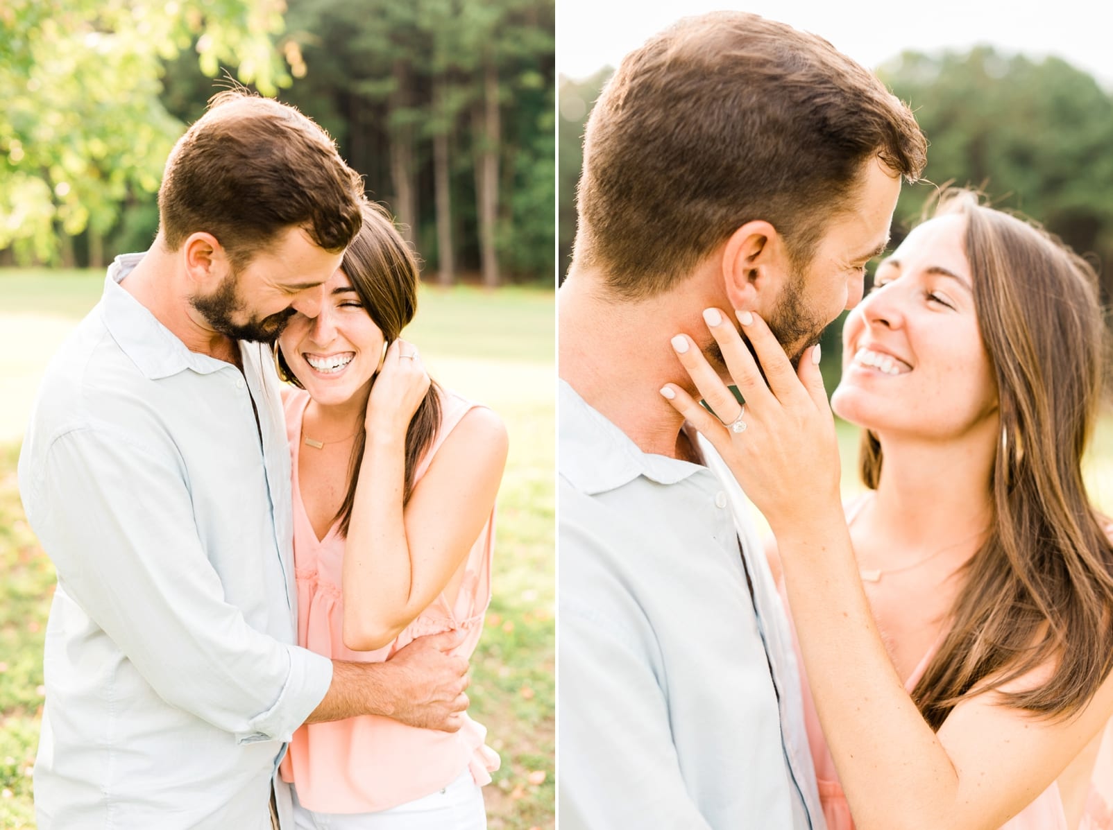 Raleigh couple laughing while snuggling in for engagement pictures photo