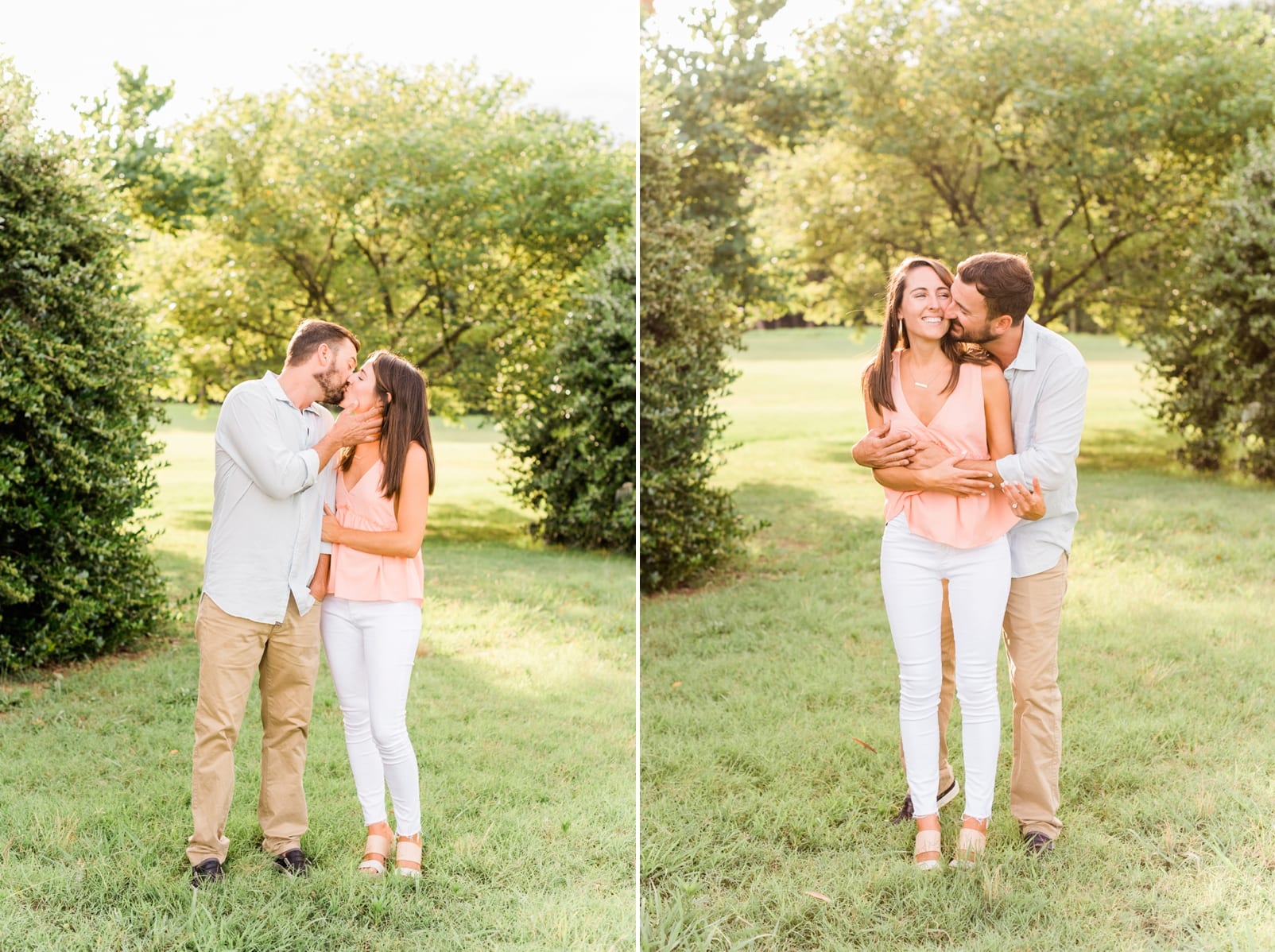 Raleigh engagement man with his arms around his future wife in a field photo