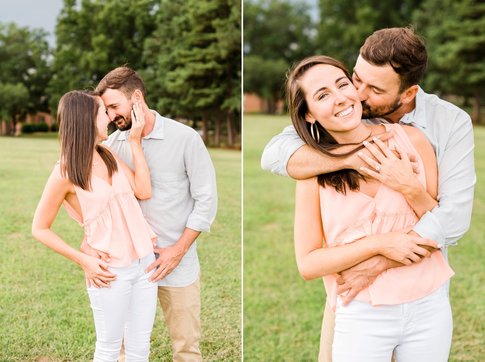 Raleigh engagement outdoor pictures with his arms around her laughing photo
