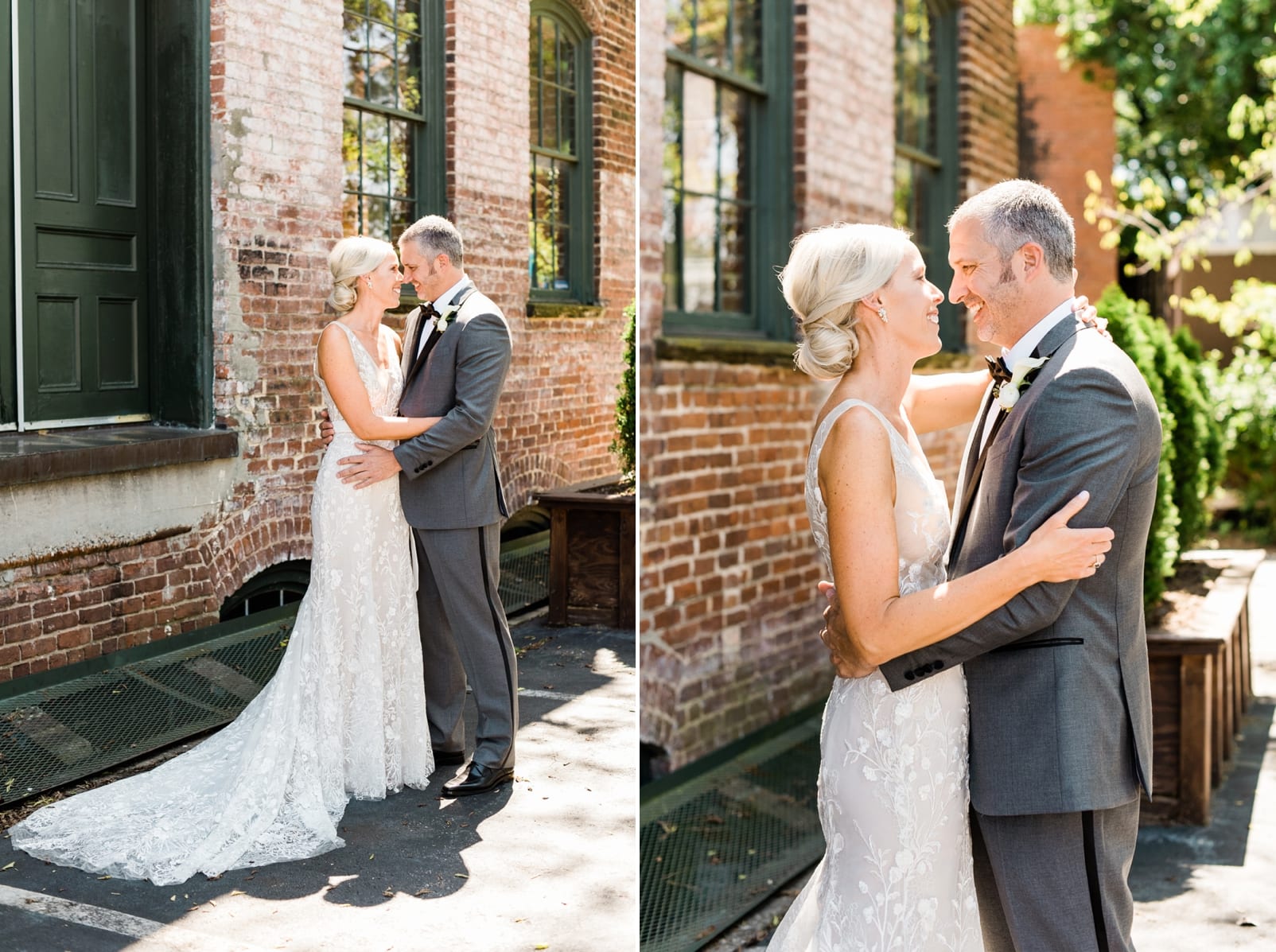 Melrose Knitting Mill bride and groom portraits in front of expose red brick wall photo