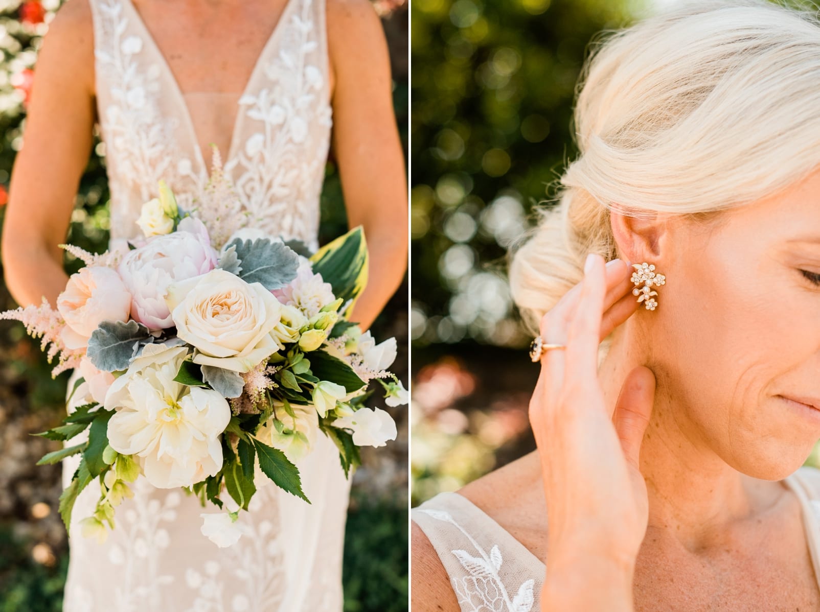 Kelly Odom Flowers bridal bouquet and bride touching the back of her ear photo