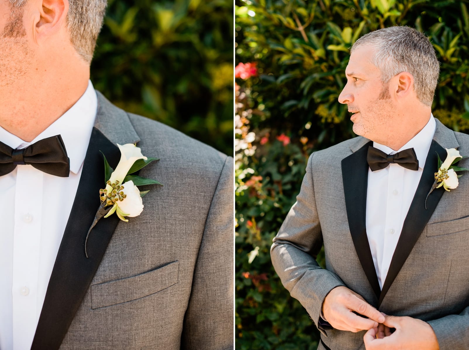 Kelly Odom Flowers boutonniere with a white flower and close up of the groom buttoning his jacket photo