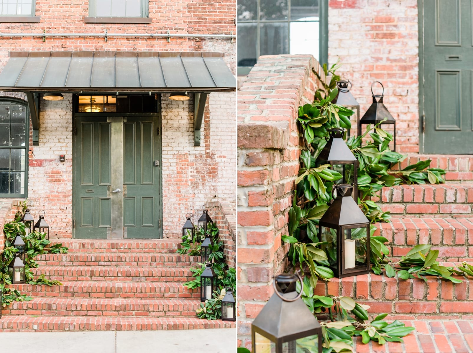Melrose Knitting Mill Kelly Odom Flowers greenery and lanterns down the front brick steps photo