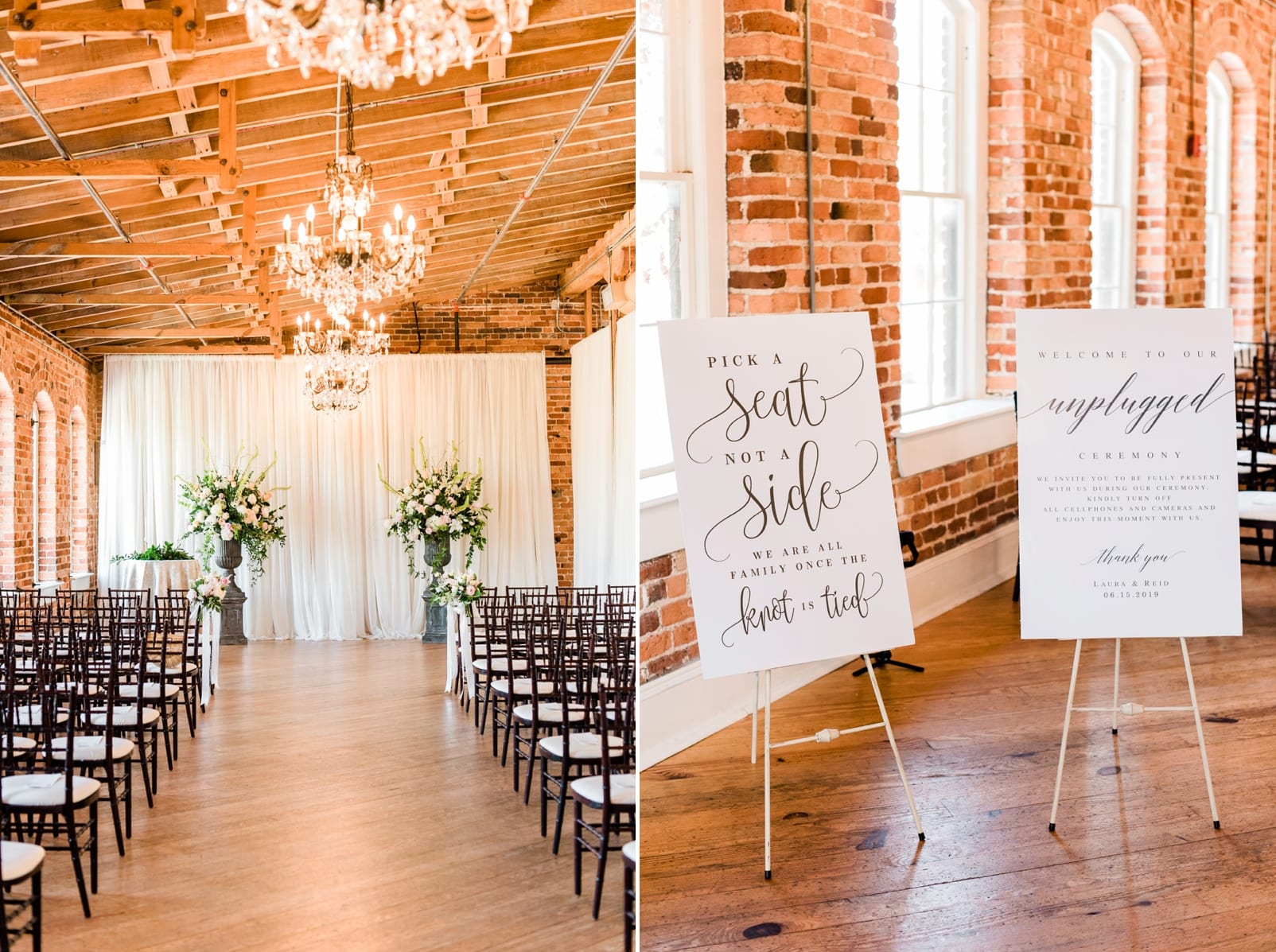 Melrose Knitting Mill wedding ceremony with crystal chandeliers and exposed red brick photo