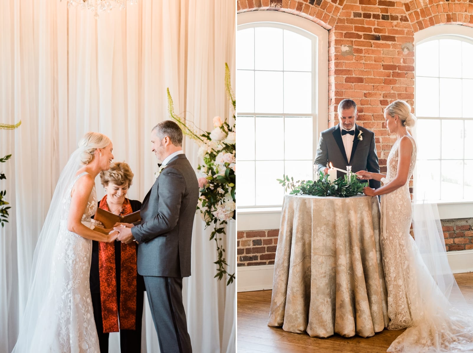 Raleigh bride and groom lighting the unity candle during indoor wedding ceremony photo