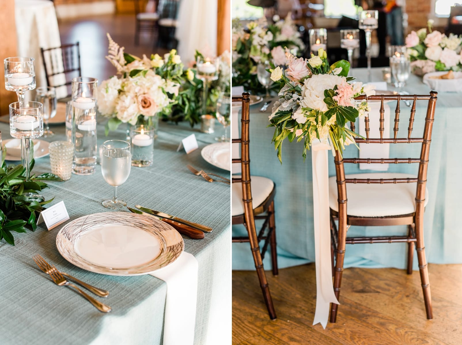 Melrose Knitting Mill wedding reception with florals tied to the corners of the bride and groom chairs photo