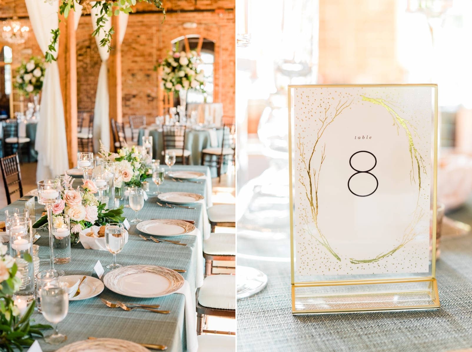 Melrose Knitting Mill wedding reception with table numbers in a gold rimmed frame photo