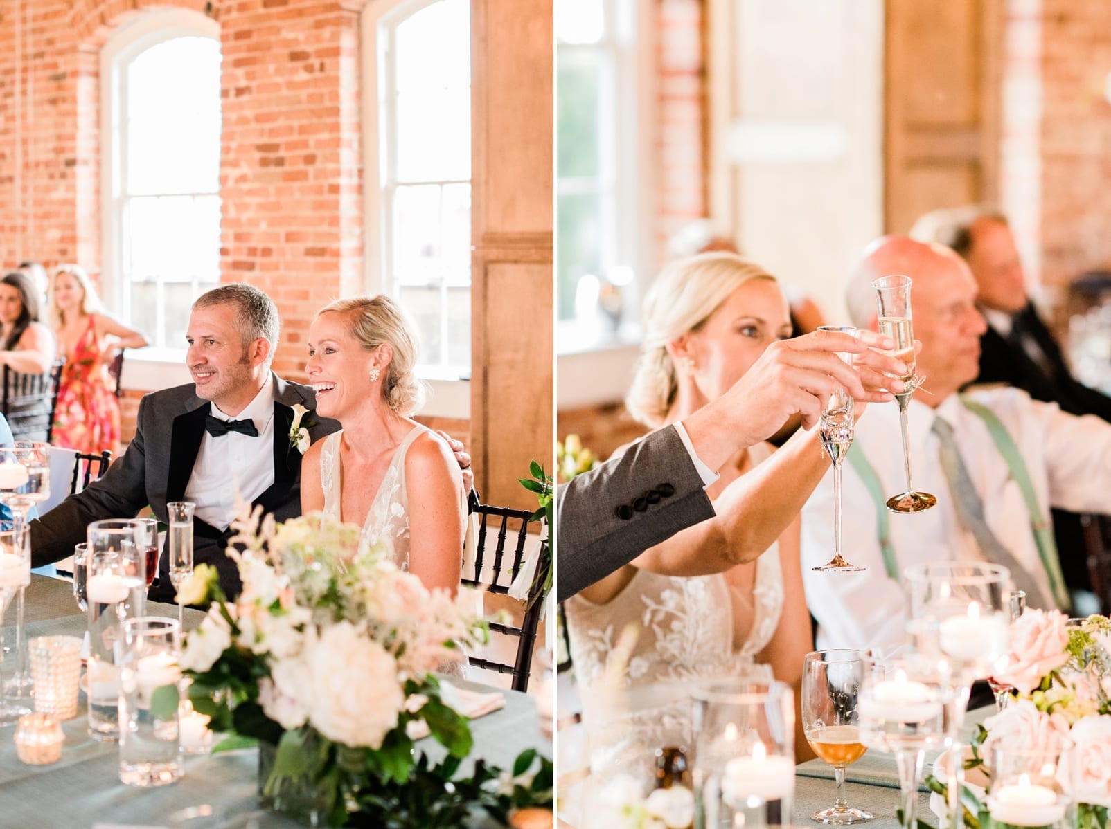 Raleigh bride and groom toasting during indoor wedding reception with exposed red brick walls photo