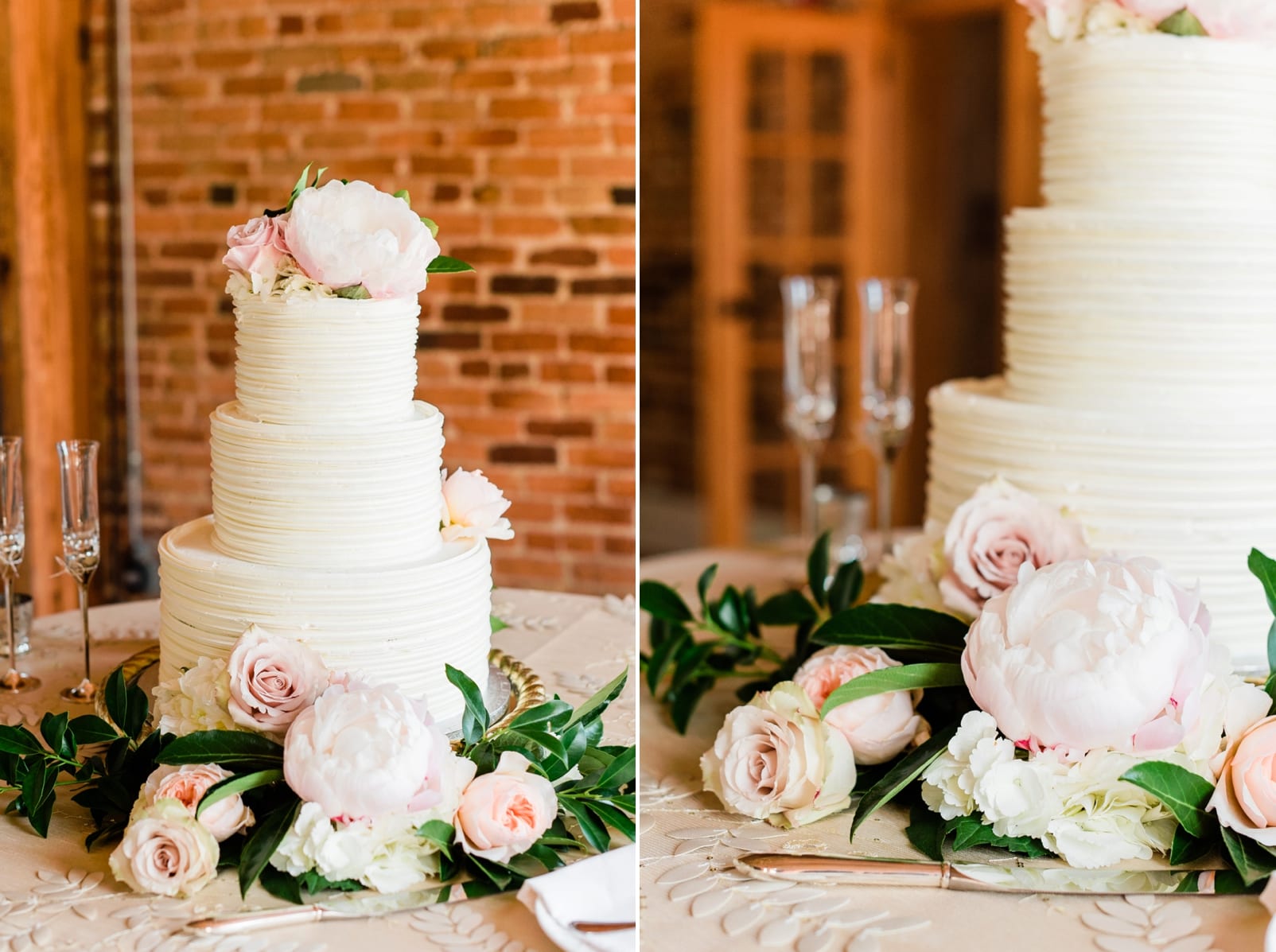 Publix white wedding cake surrounded by fresh flowers in front an exposed red brick wall photo