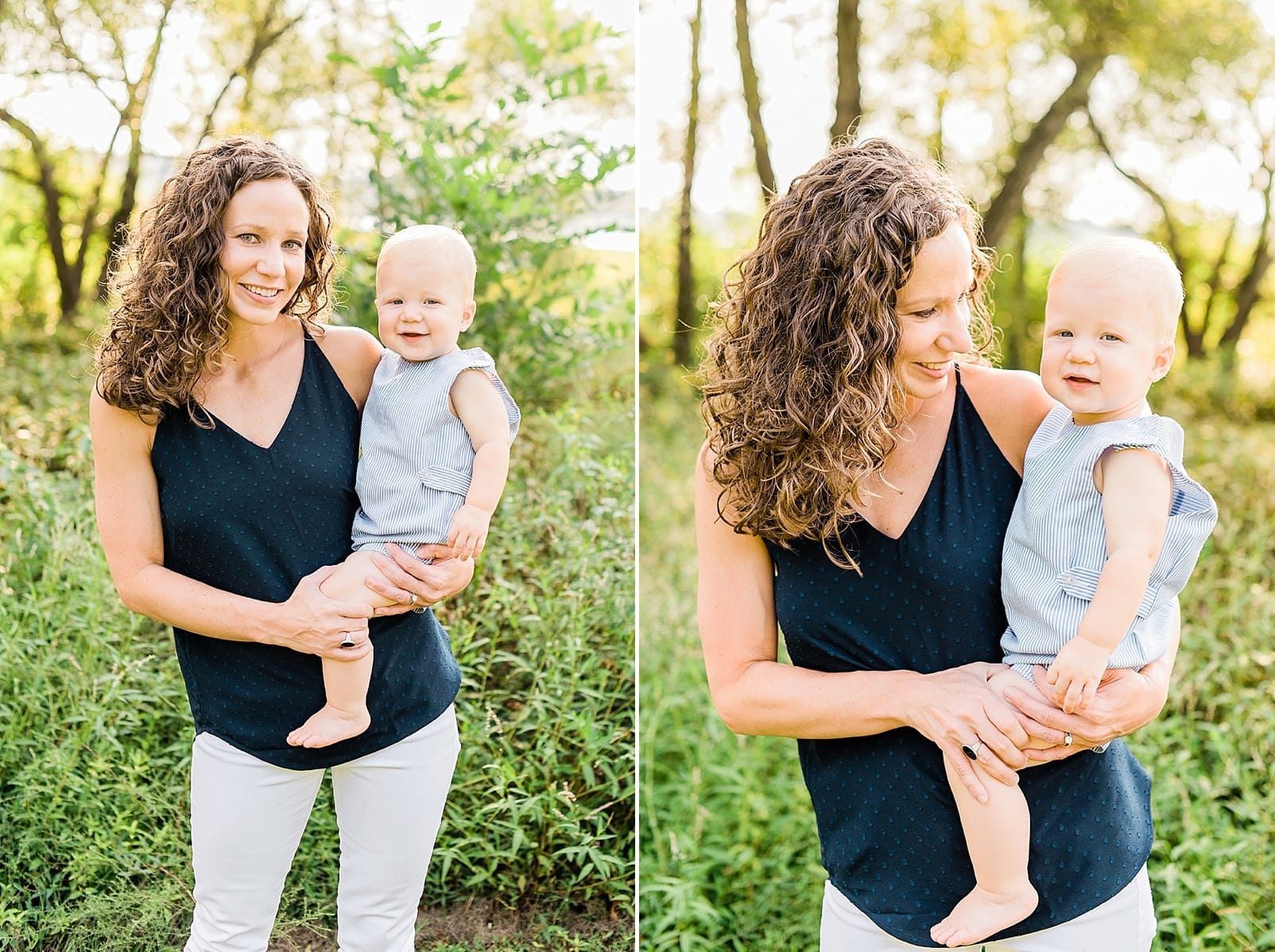 Raleigh mom in a navy blue tank top and white jeans holding her one year old son photo