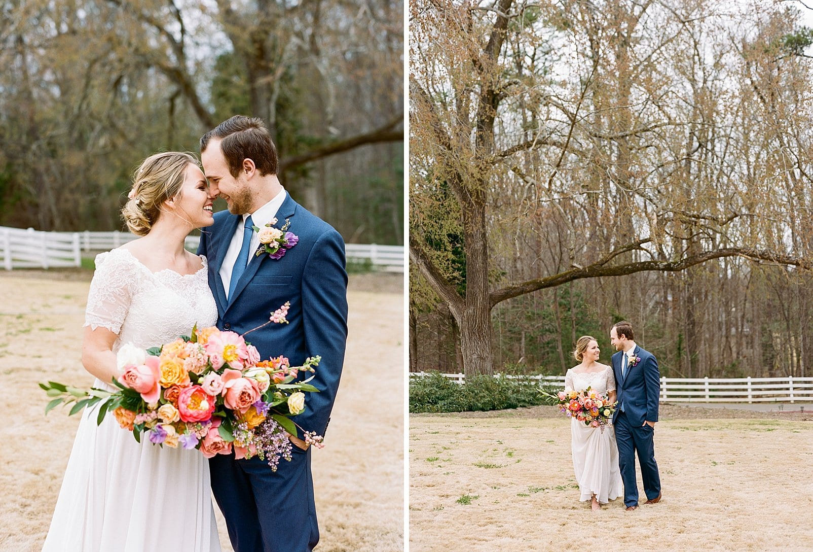 nc film wedding photographer bride and groom walking together while looking at each other photo