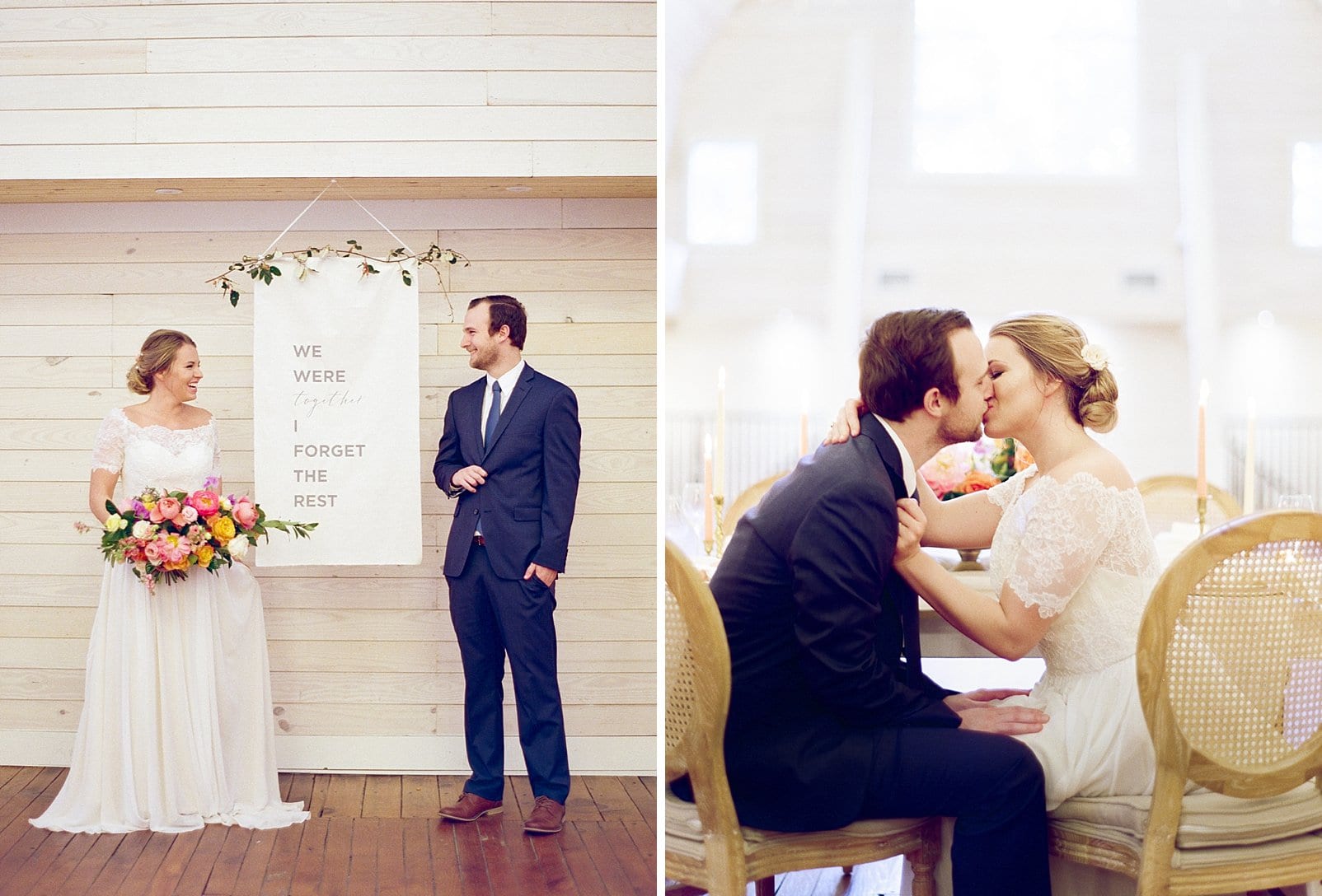 Wakefield barn wedding reception with bride and groom kissing at the sweetheart table photo