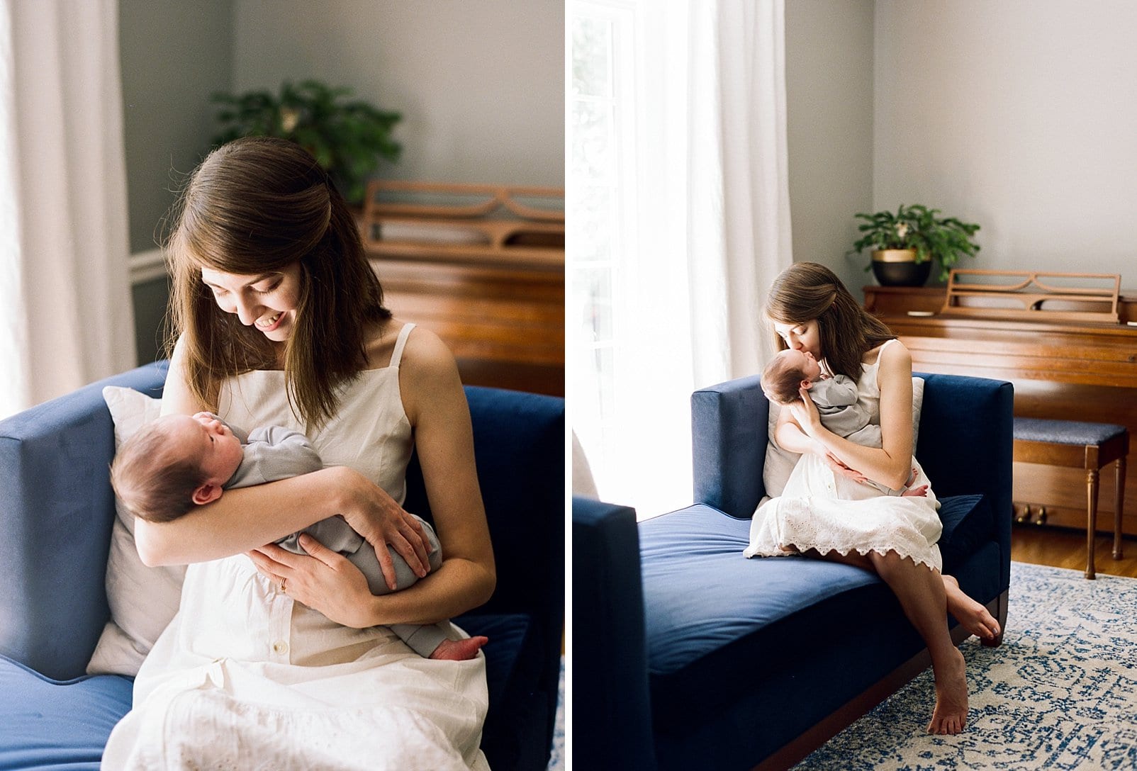 raleigh new mother holding her newborn son sitting on a navy blue chase photo