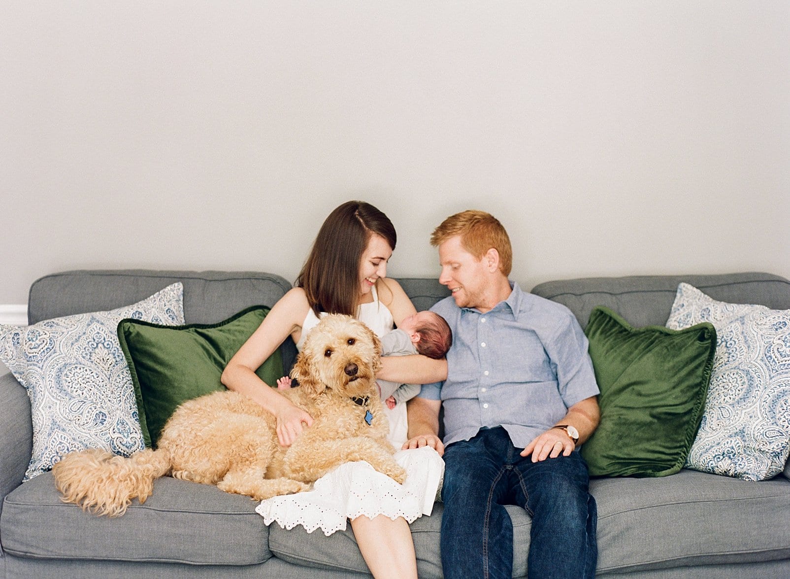 Raleigh family with their newborn son and dog sitting on the couch with them photo