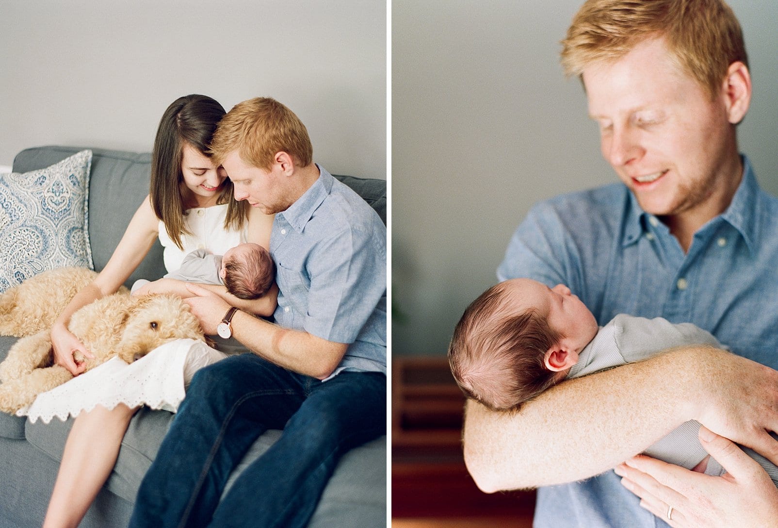 nc film raleigh newborn session with mother and father looking down at their child photo