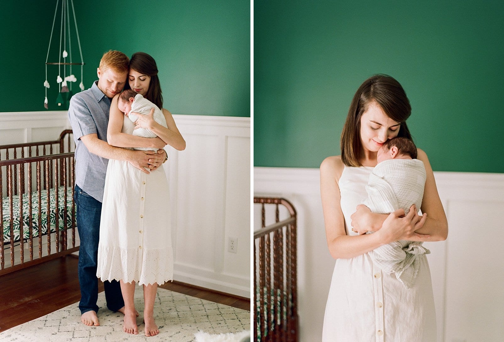 NC film session mother holding her newborn son on her chest in front of an emerald green wall photo