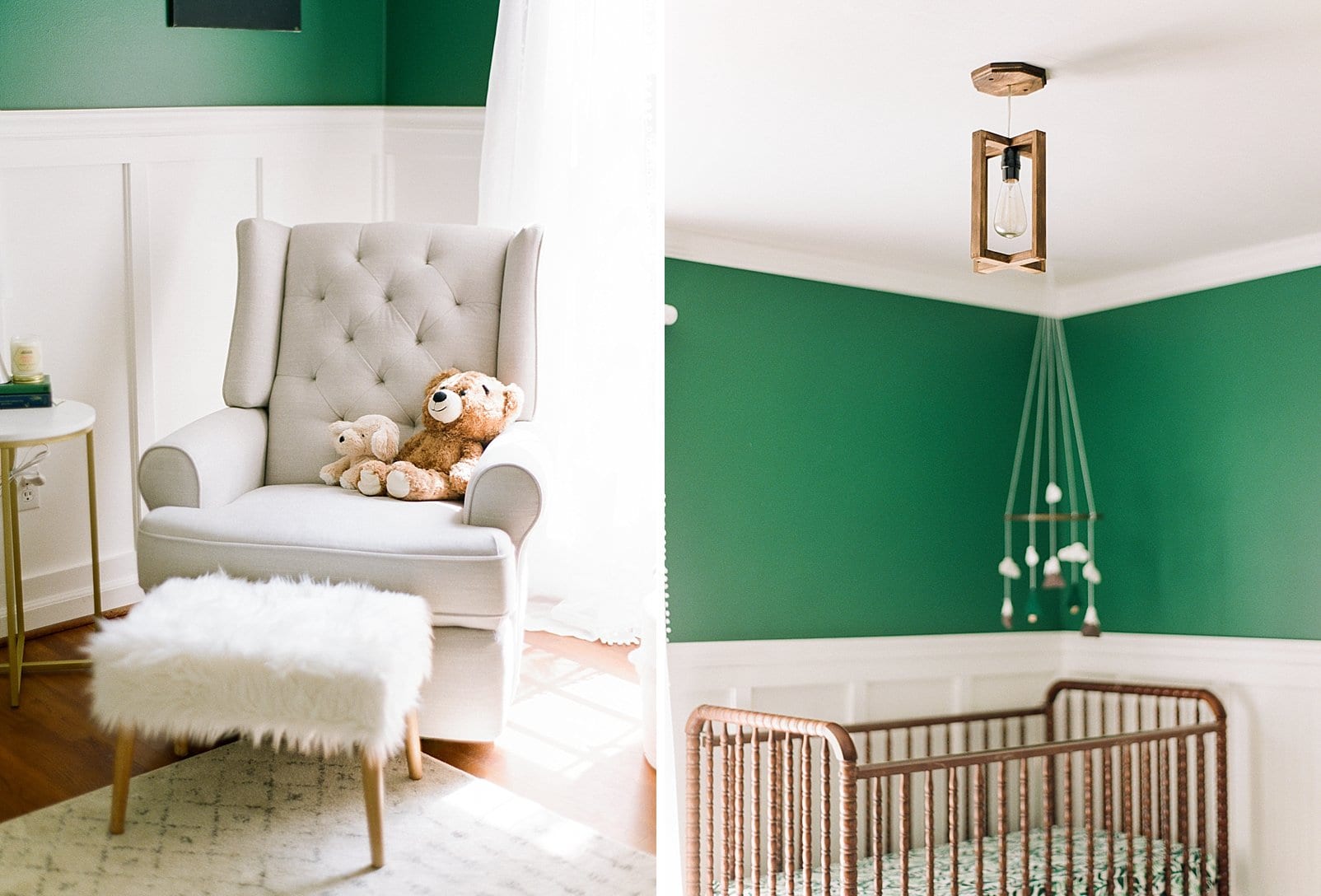 Raleigh nursery with emerald green wall and brown jenny lind crib photo