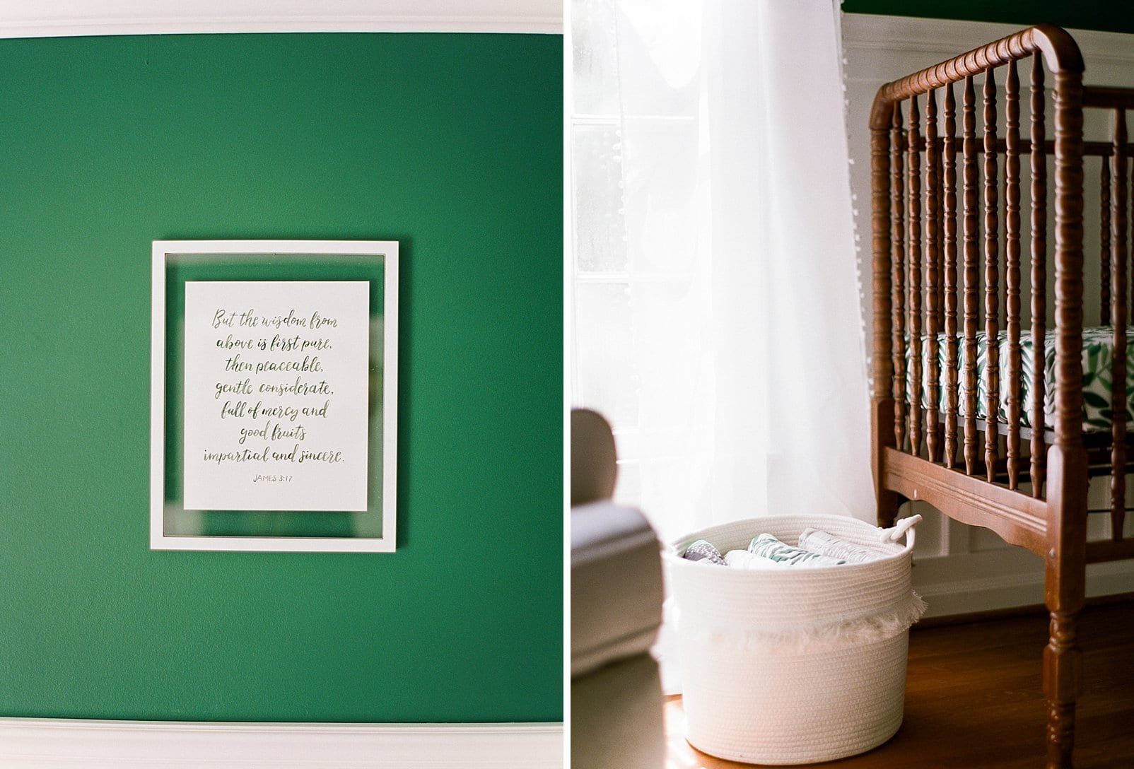 Raleigh nursery with emerald green wall and a print saying hung up photo