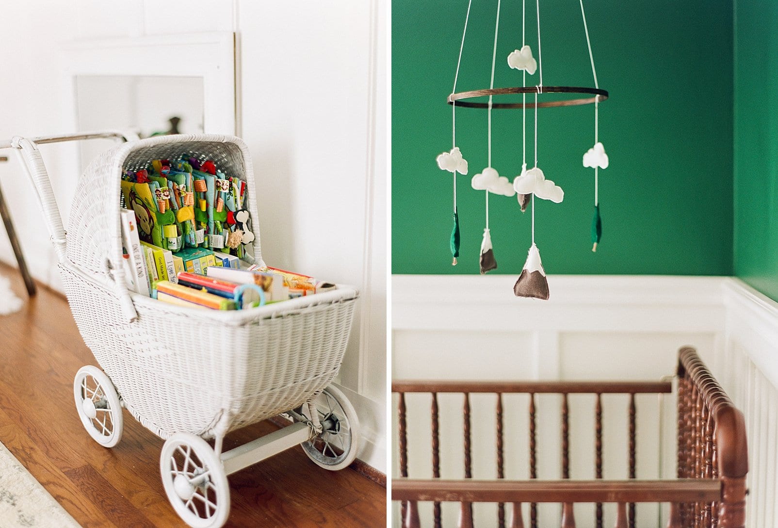 nc film session newborn nursery with a green wall and mobile over the crib and library in white wicker baby carriage photo