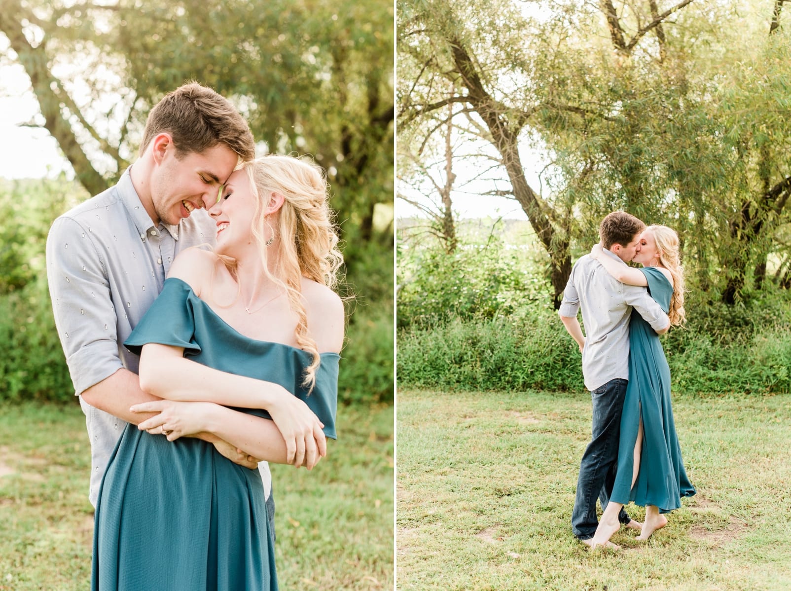Raleigh engagement photos girl in long off the shoulder emerald green dress photo