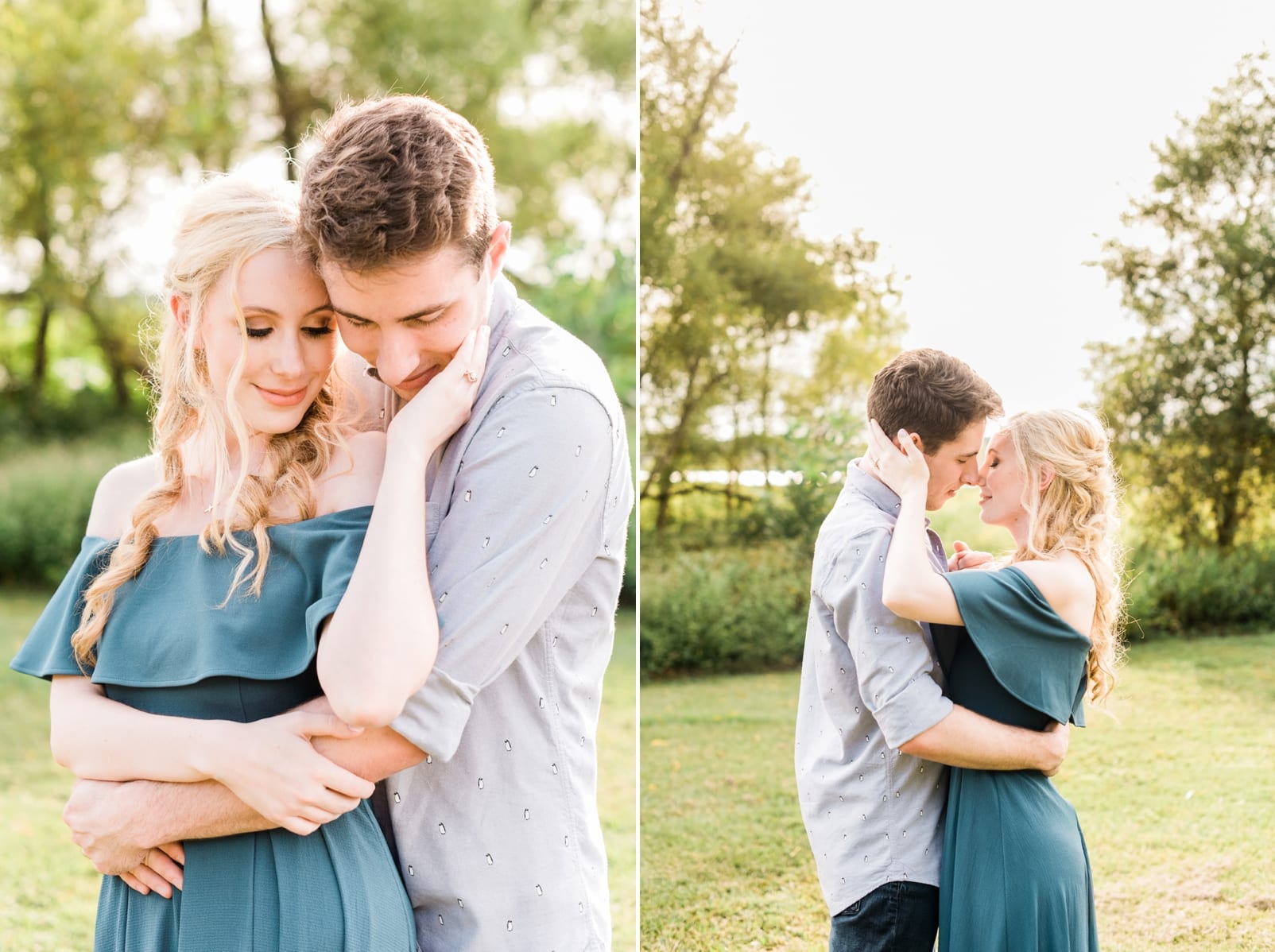 raleigh wedding photographer engagement pictures with her head behind his neck while they kiss photo