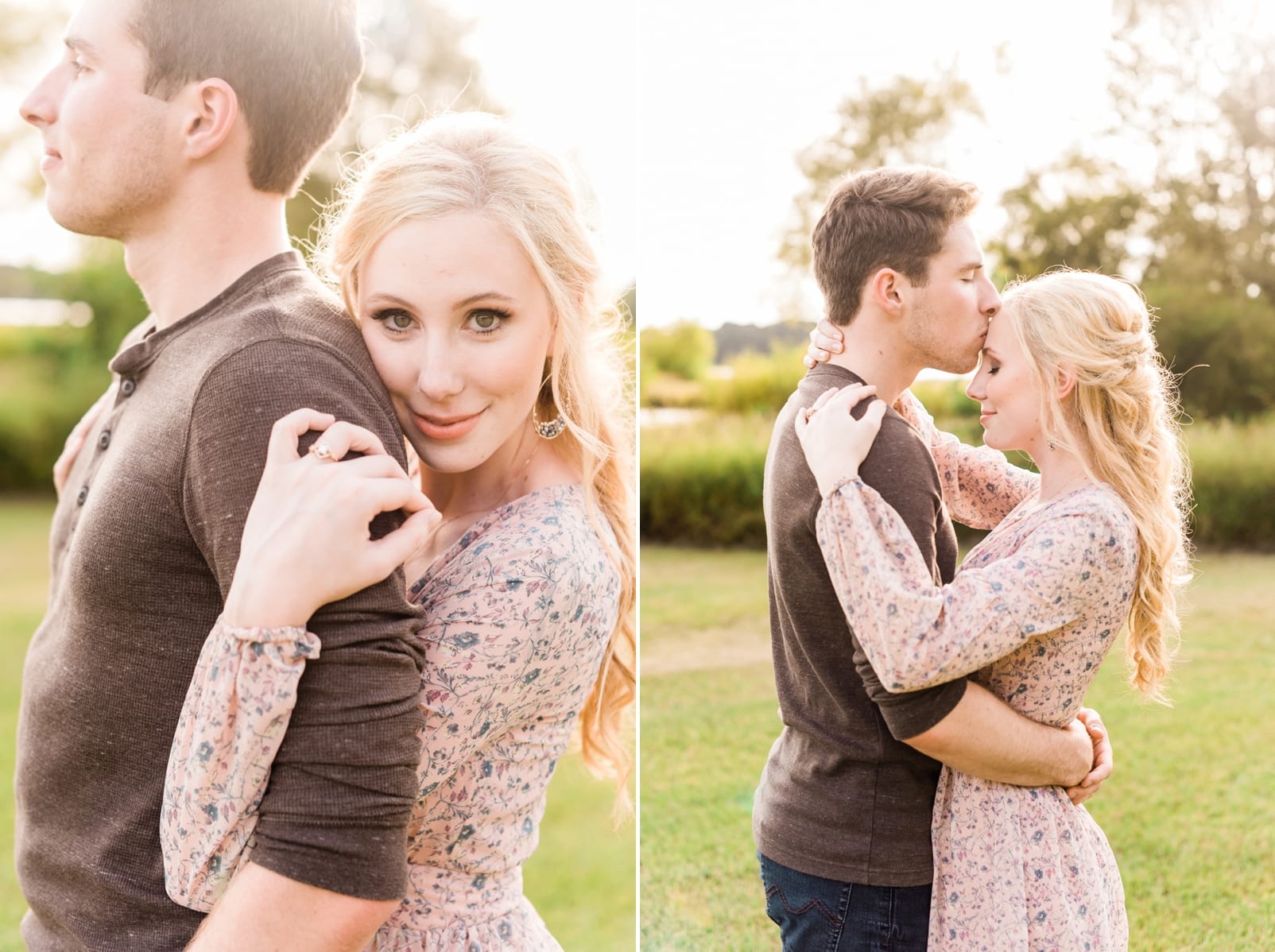 Couple embracing while he kisses her on the forehead during their raleigh engagement session photo