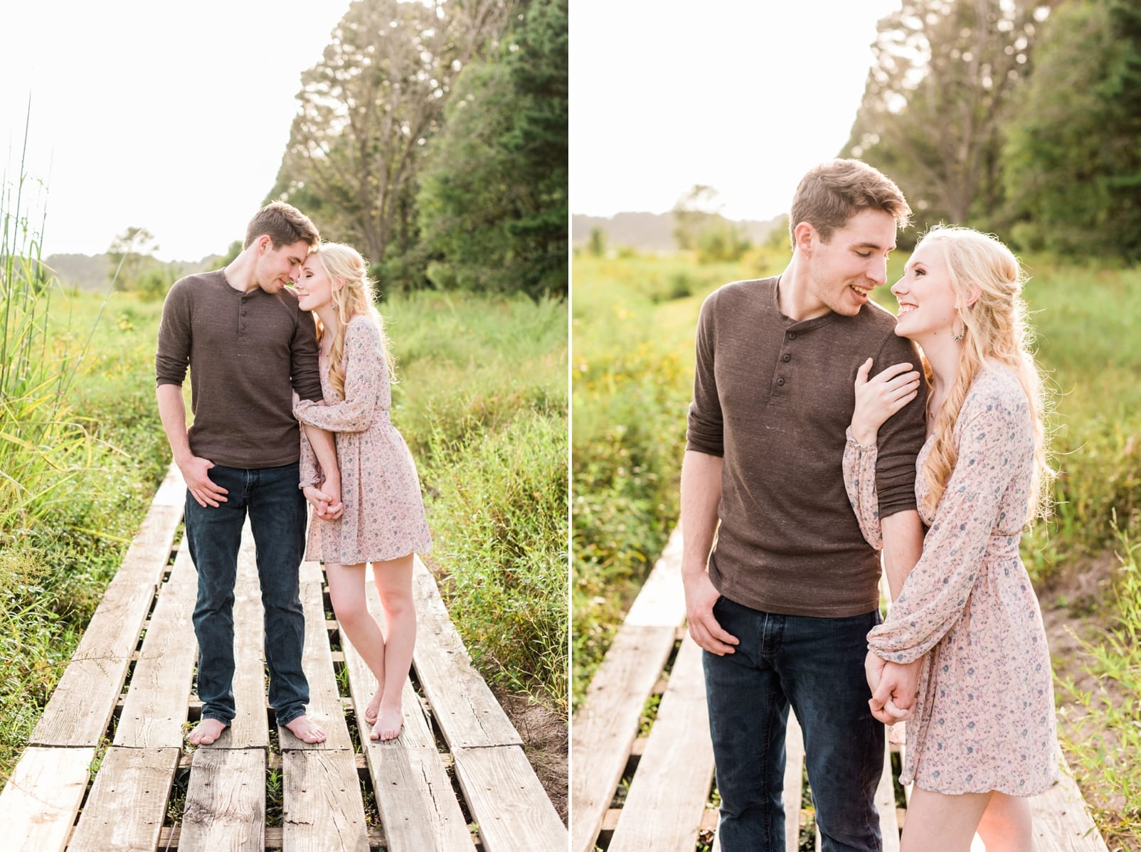 Lake Crabtree engagement session couple walking along a boardwalk on the path photo