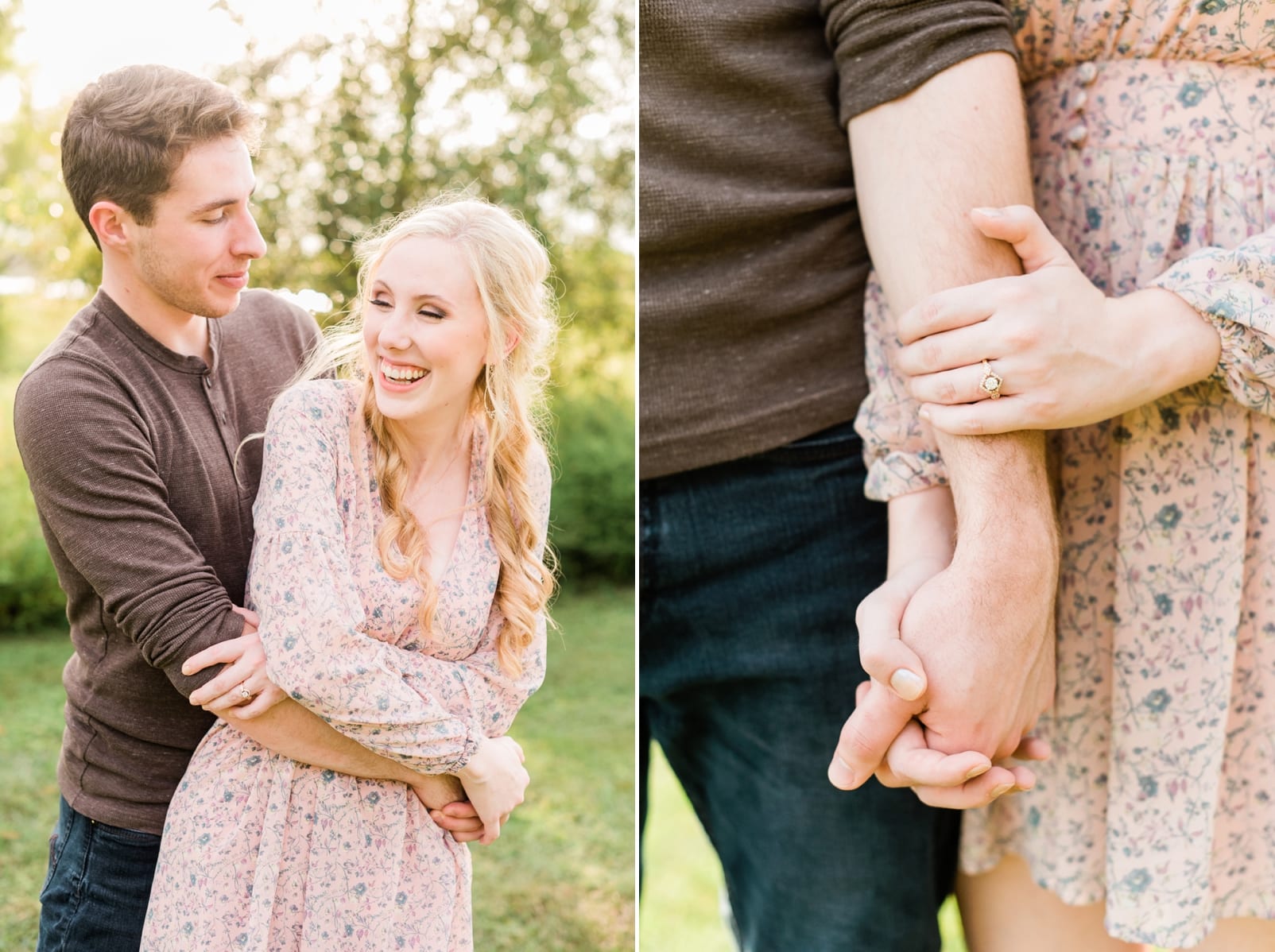 Lake Crabtree engagement session couple laughing and holding hands photo