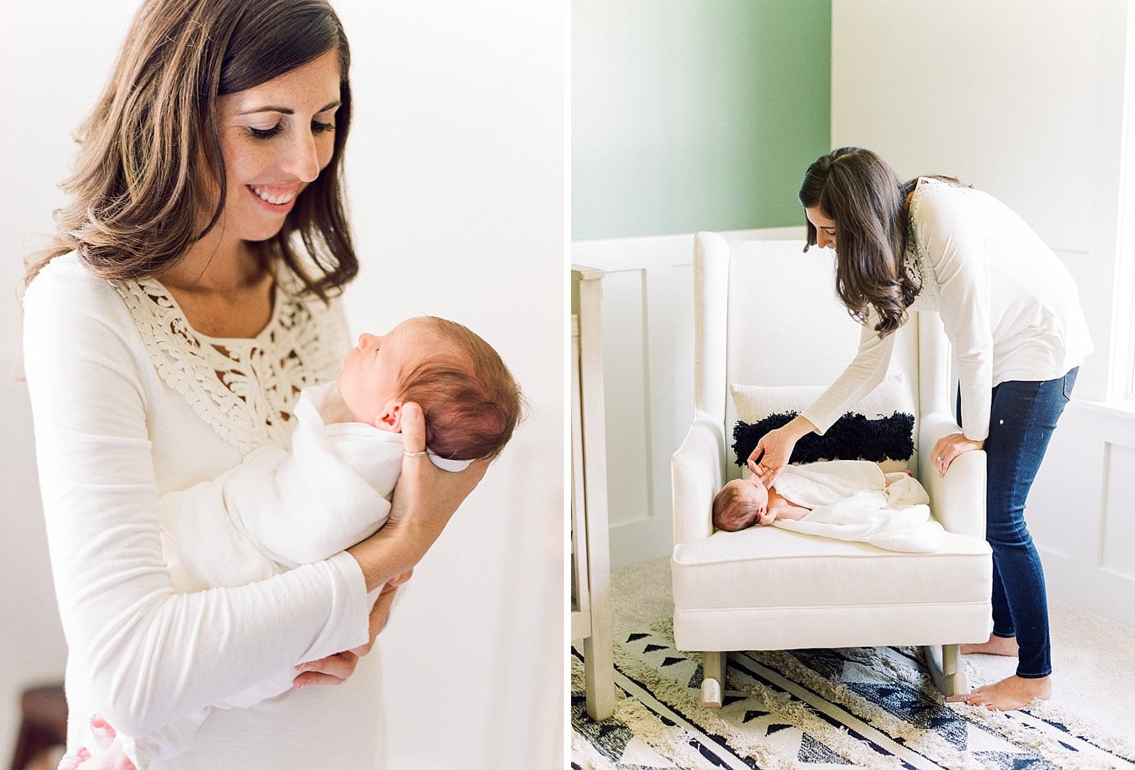 Raleigh mother holding her newborn son and soothing him on a rocking chair photo