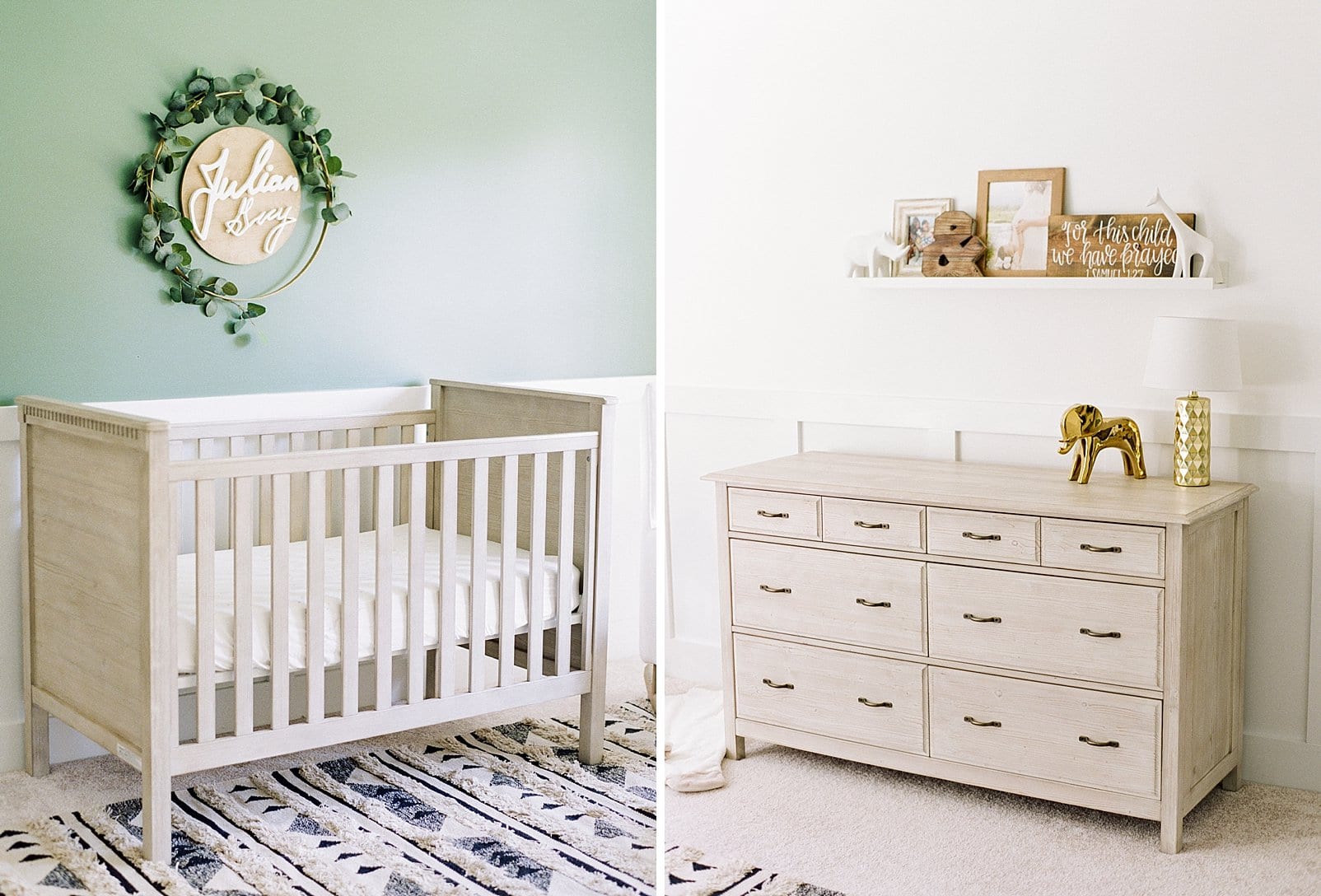Raleigh film newborn nursery white crib with a green wall behind in and a dress with a styled shelf above it photo