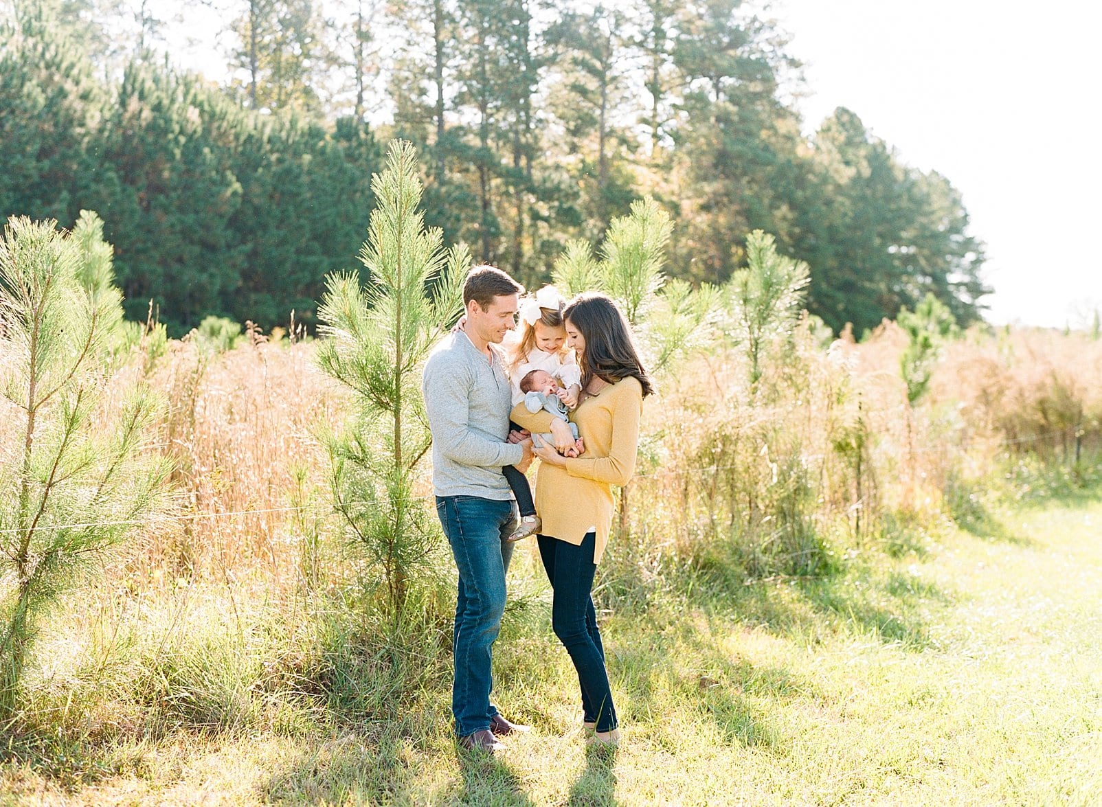 Raleigh film family newborn session outside in front of a pine tree field photo