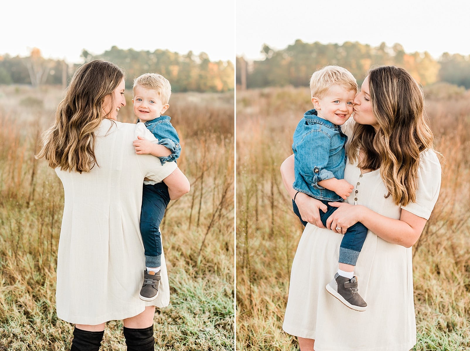 Wake forest mother holding her two year old son and kissing him on the cheek in front of a field photo