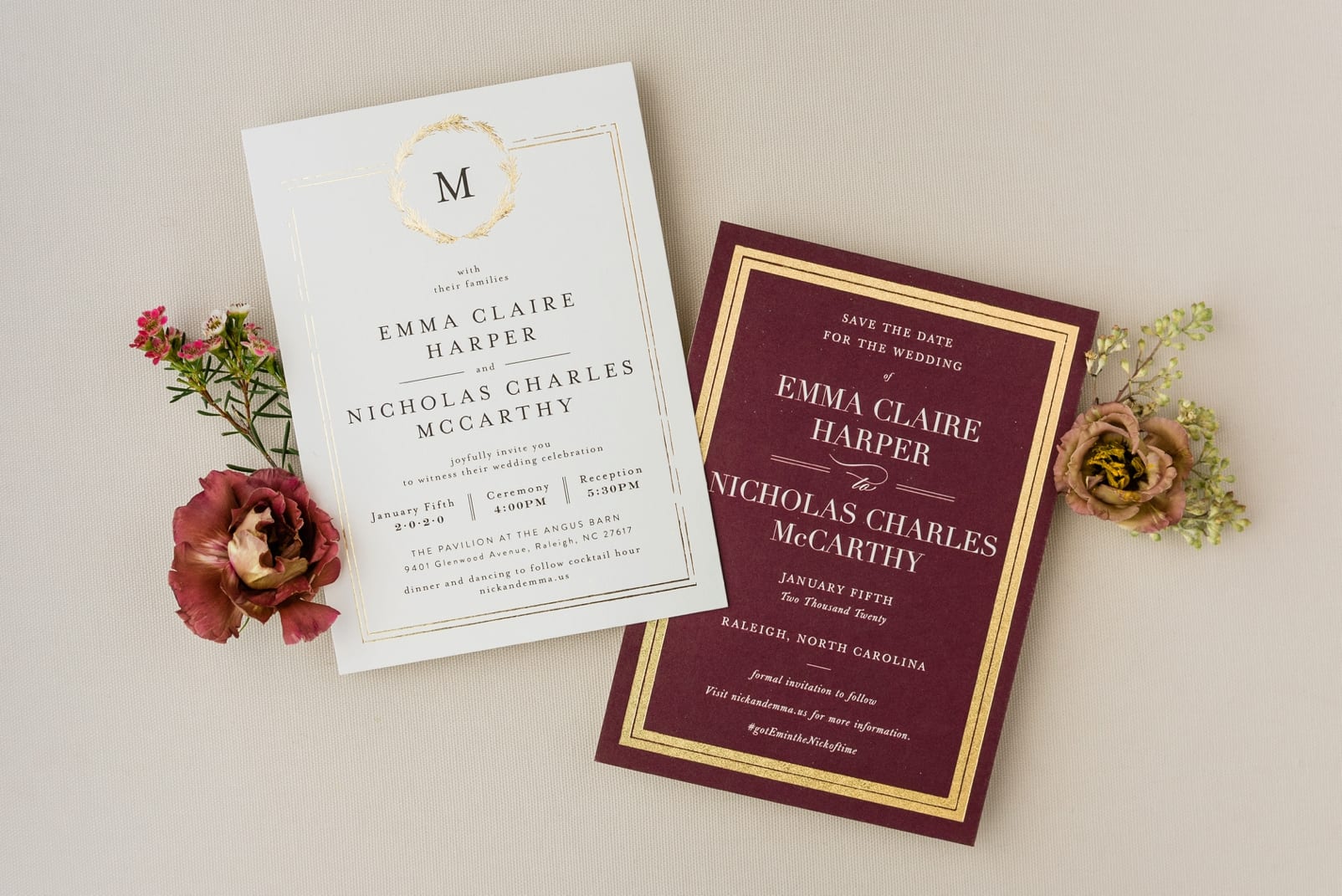 Minted wedding invitation suite save the date card and wedding program on maroon paper photo