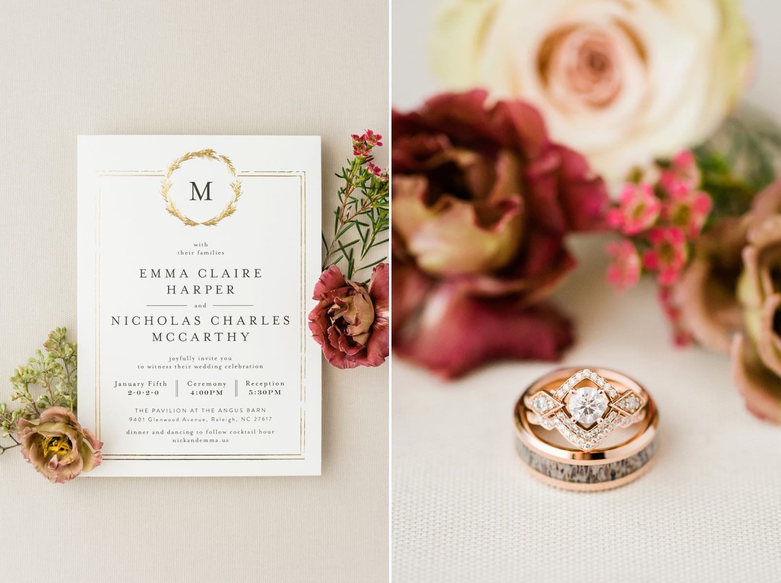 Minted invitation suite gold wedding bands styled together with the invitation and fresh maroon flowers photo