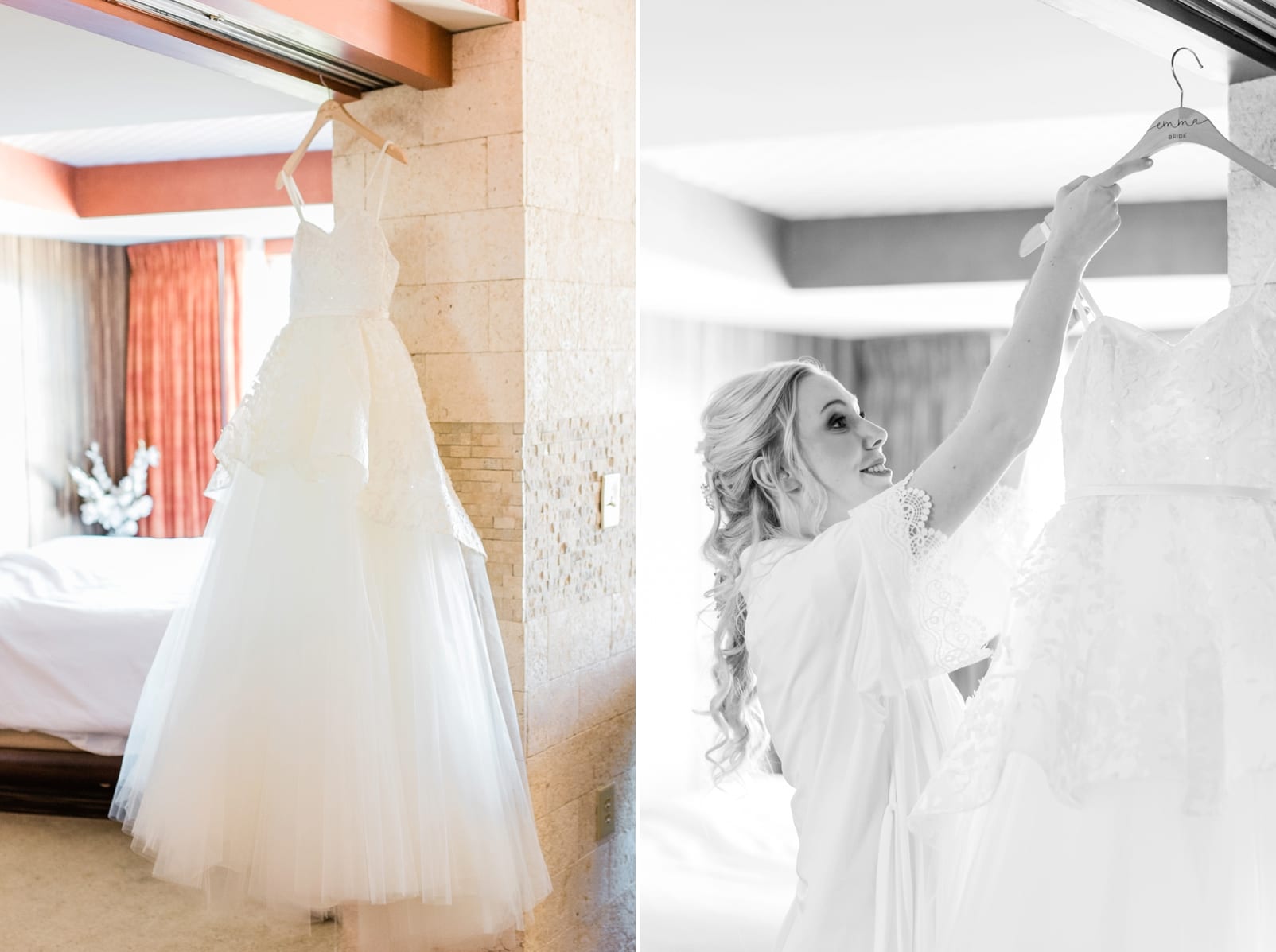 Raleigh bride getting her dress off the hanger in her hotel room to get ready photo