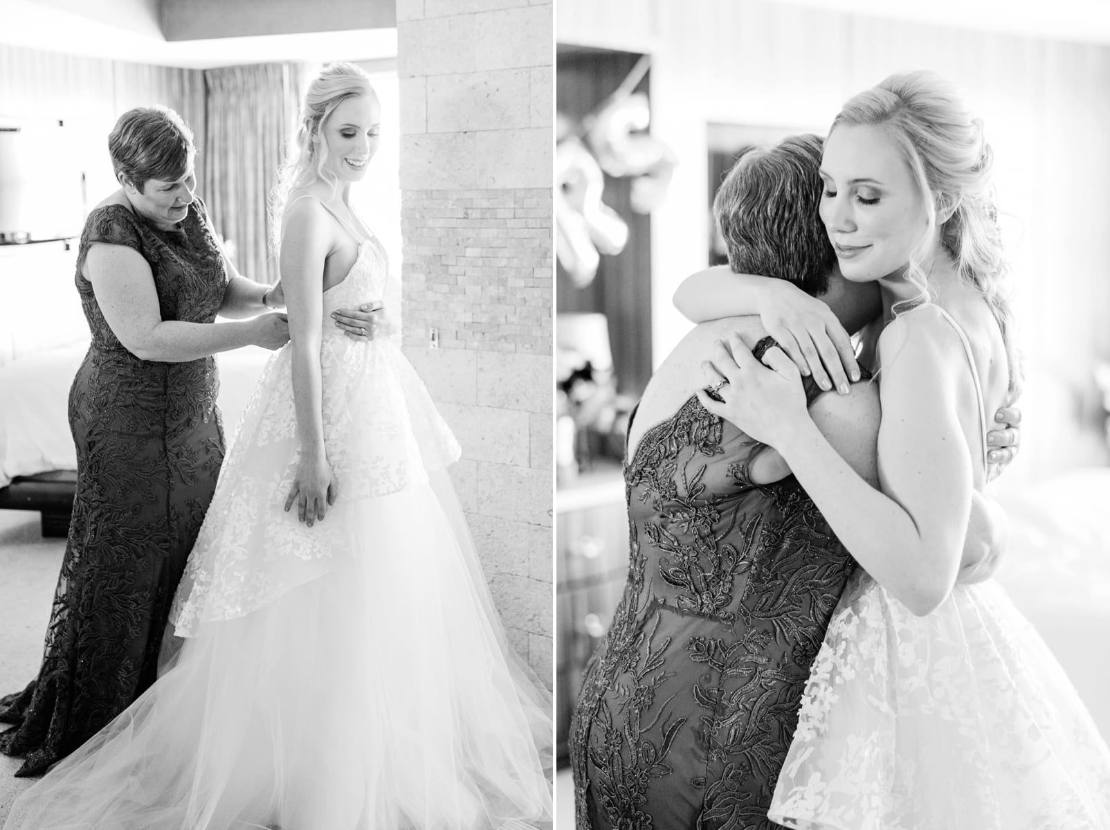 Raleigh bride hugging her mother after getting in her wedding dress photo
